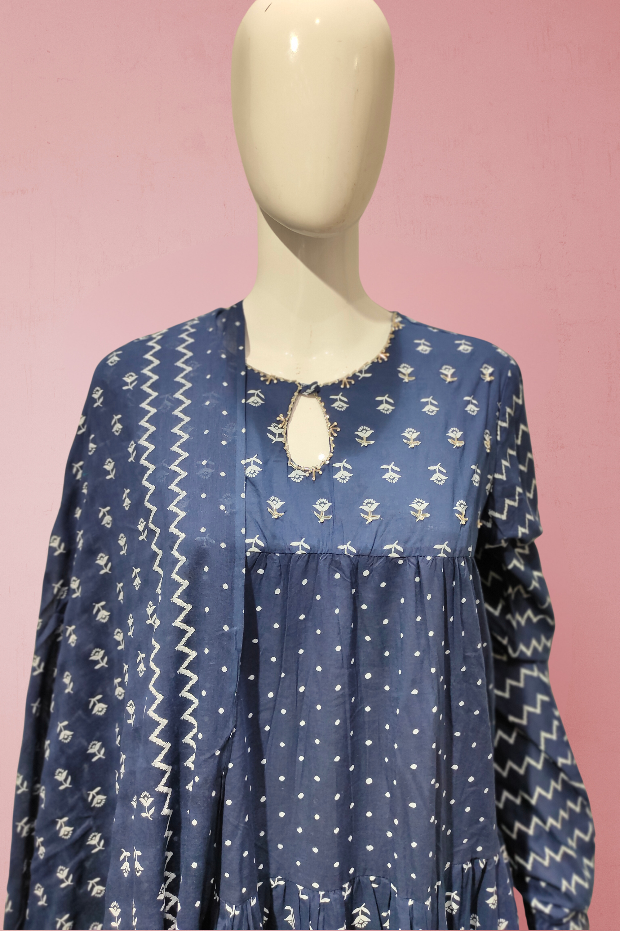 Cotton Salwar Suit with Pearl Work and Block Print