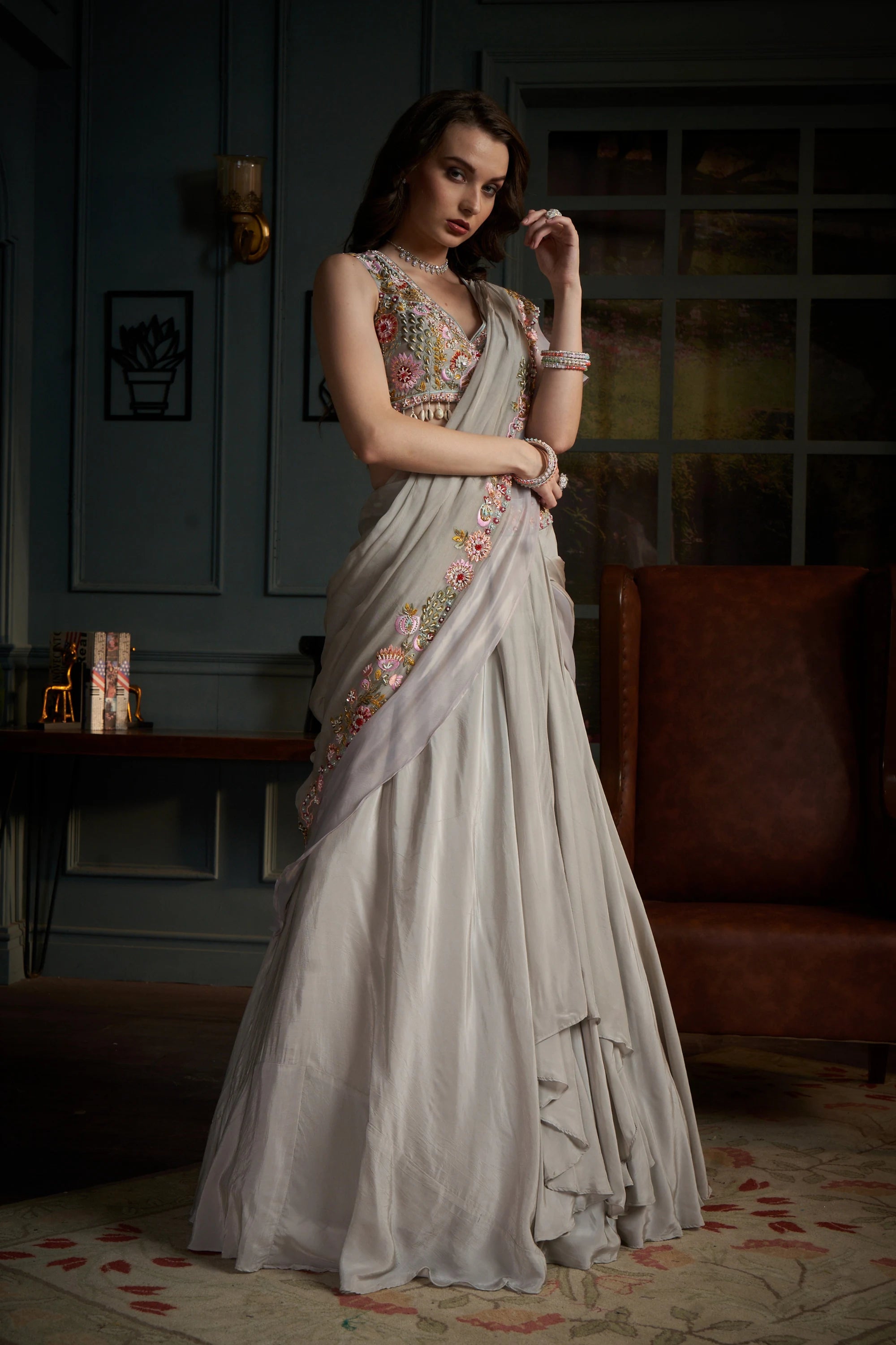 Premium Zardosi Embroidered Cream Lehenga Choli