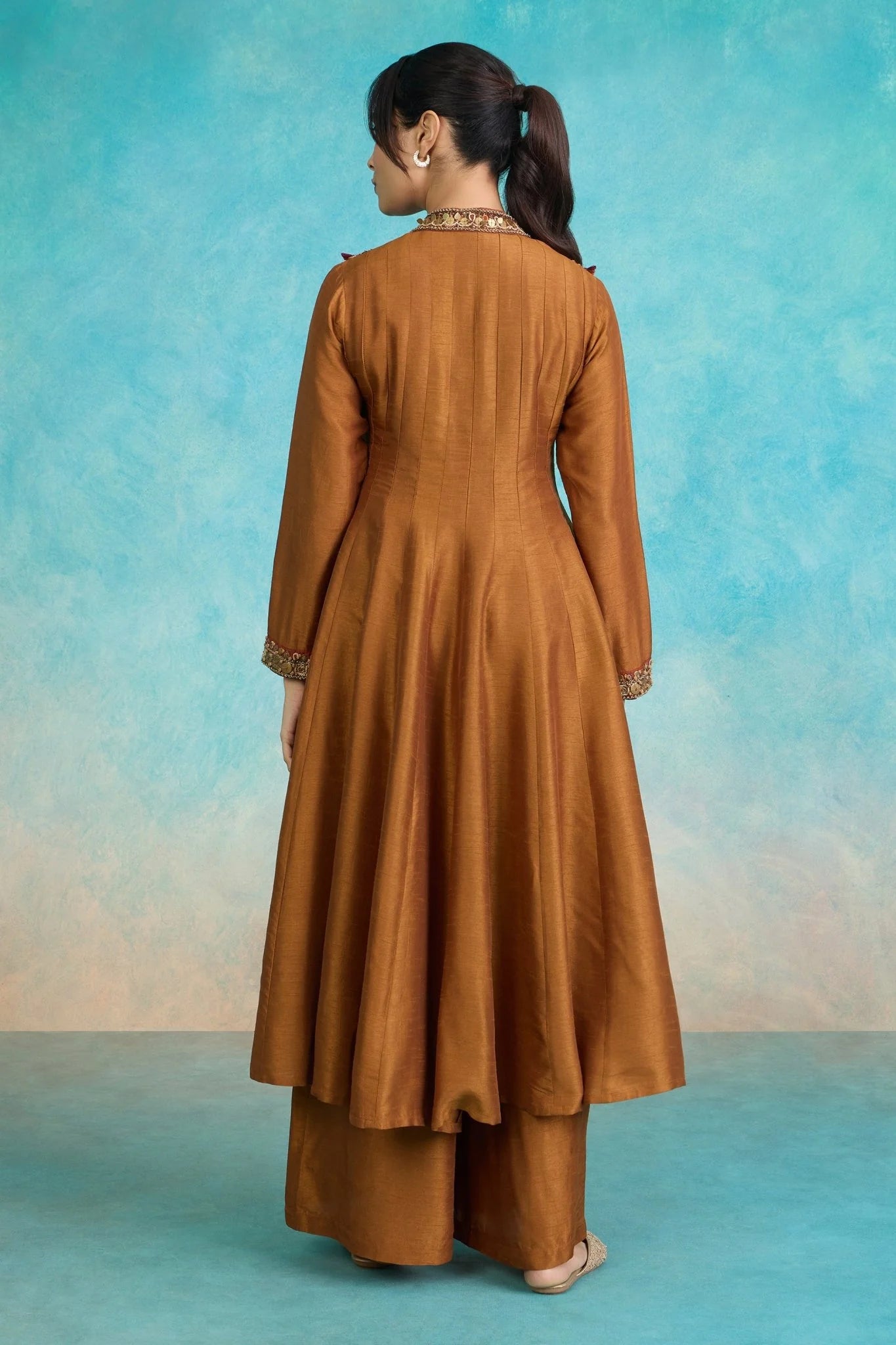 Brown Embroidered Flared Kurta Set