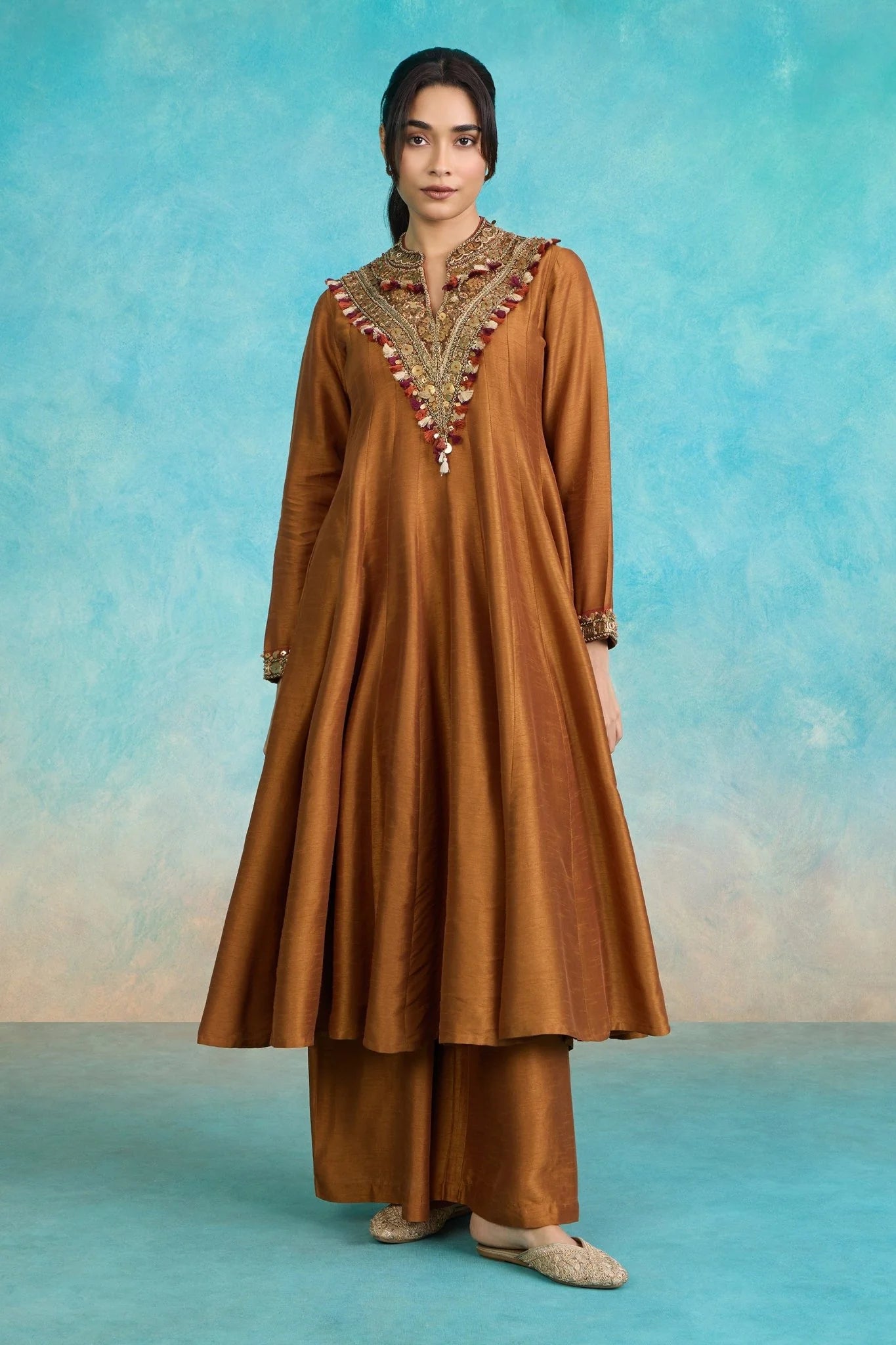 Brown Embroidered Flared Kurta Set