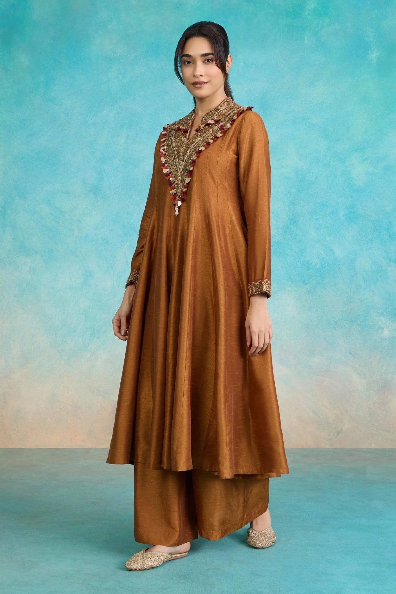 Brown Embroidered Flared Kurta Set