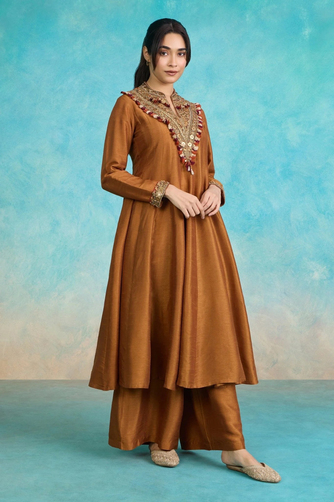 Brown Embroidered Flared Kurta Set