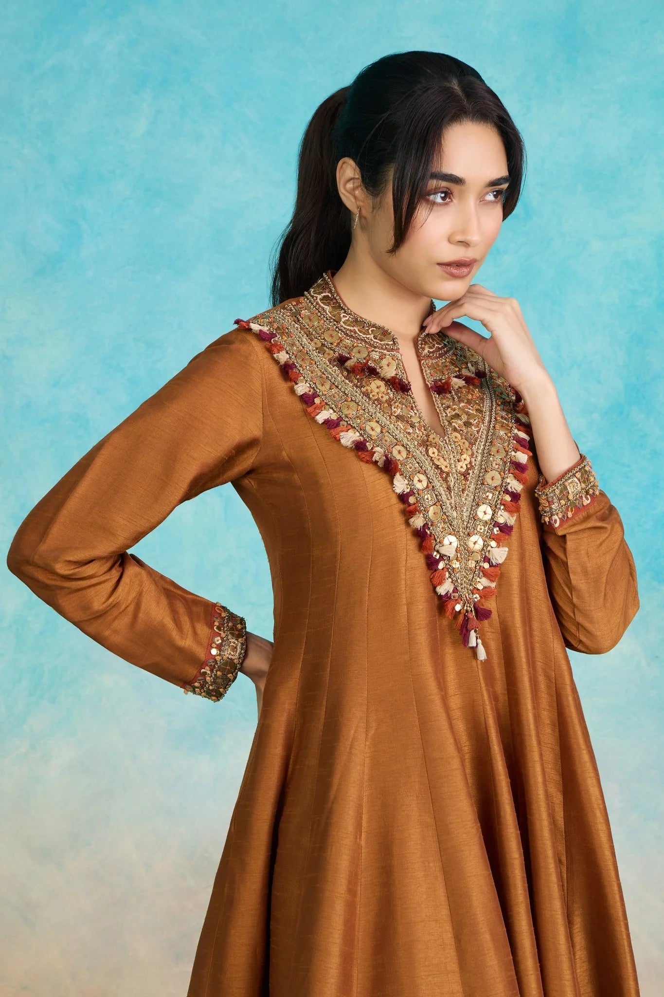 Brown Embroidered Flared Kurta Set