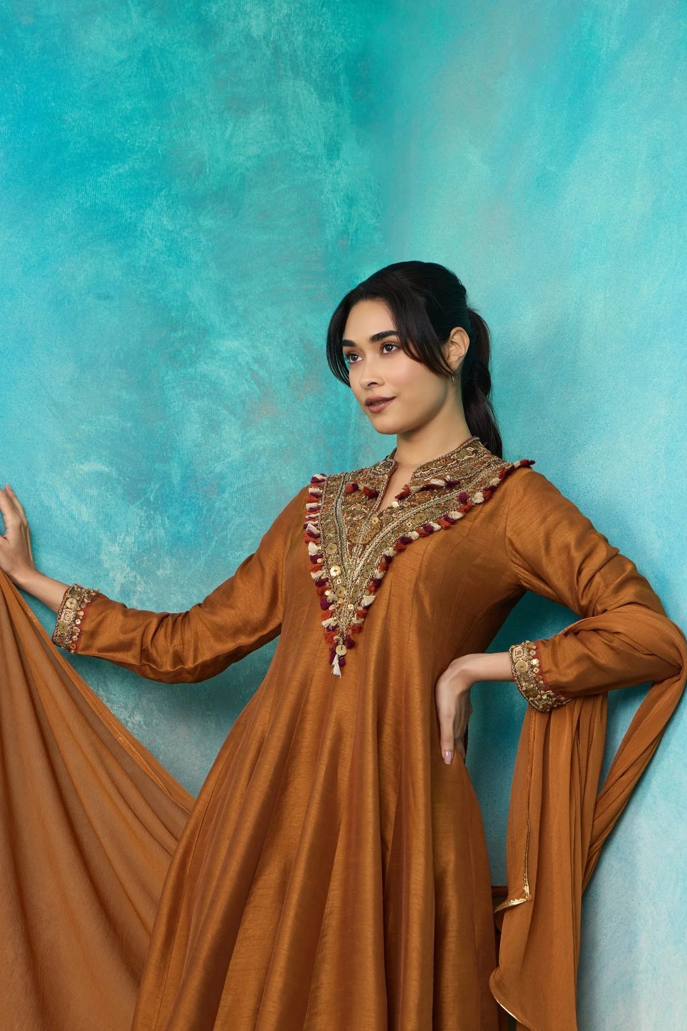 Brown Embroidered Flared Kurta Set