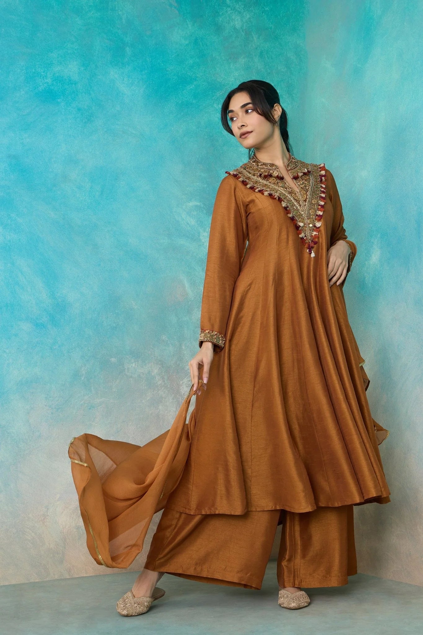 Brown Embroidered Flared Kurta Set
