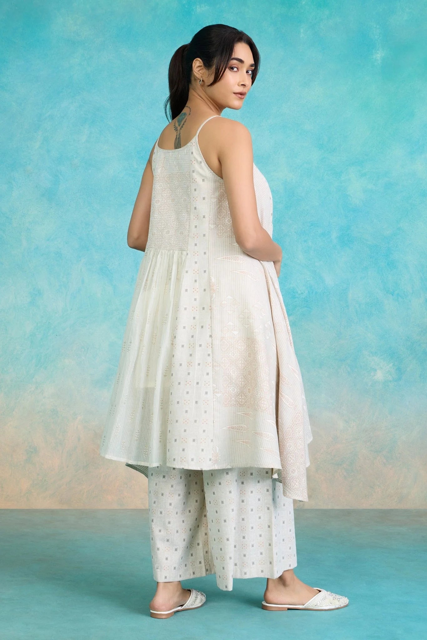 Ivory Embroidered Asymmetrical Kurta Set with Pink Dupatta