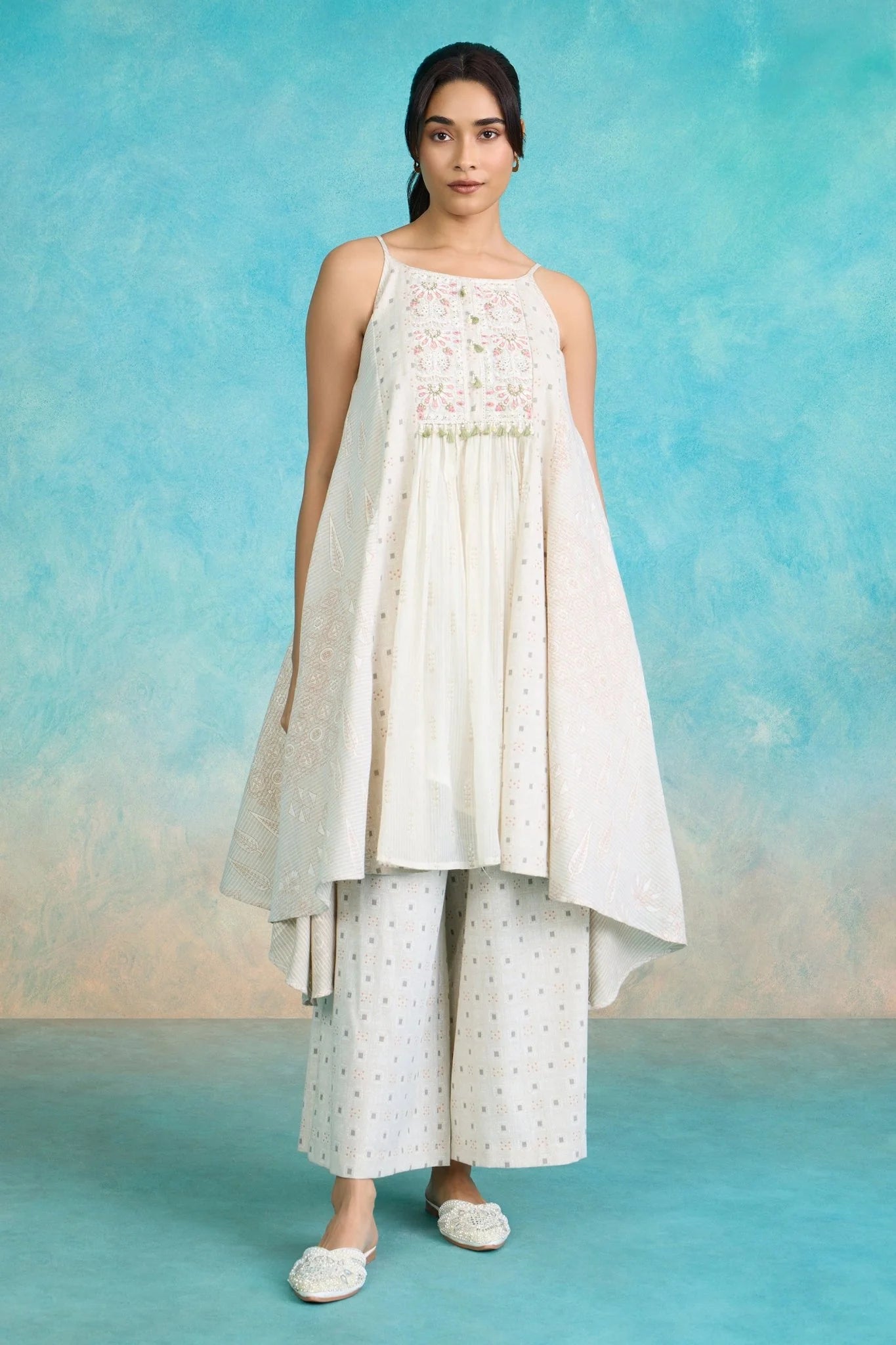 Ivory Embroidered Asymmetrical Kurta Set with Pink Dupatta