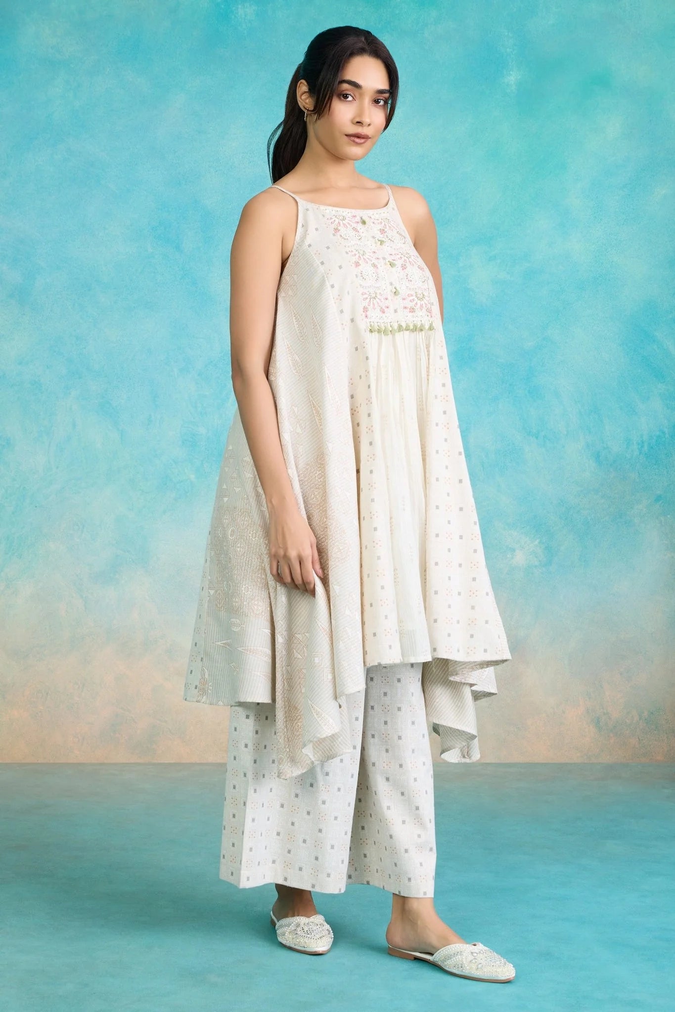 Ivory Embroidered Asymmetrical Kurta Set with Pink Dupatta