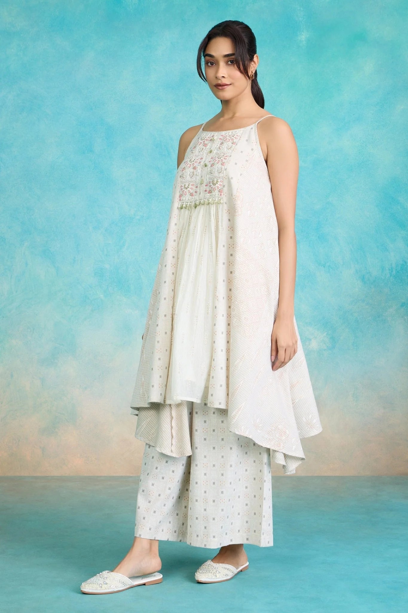 Ivory Embroidered Asymmetrical Kurta Set with Pink Dupatta