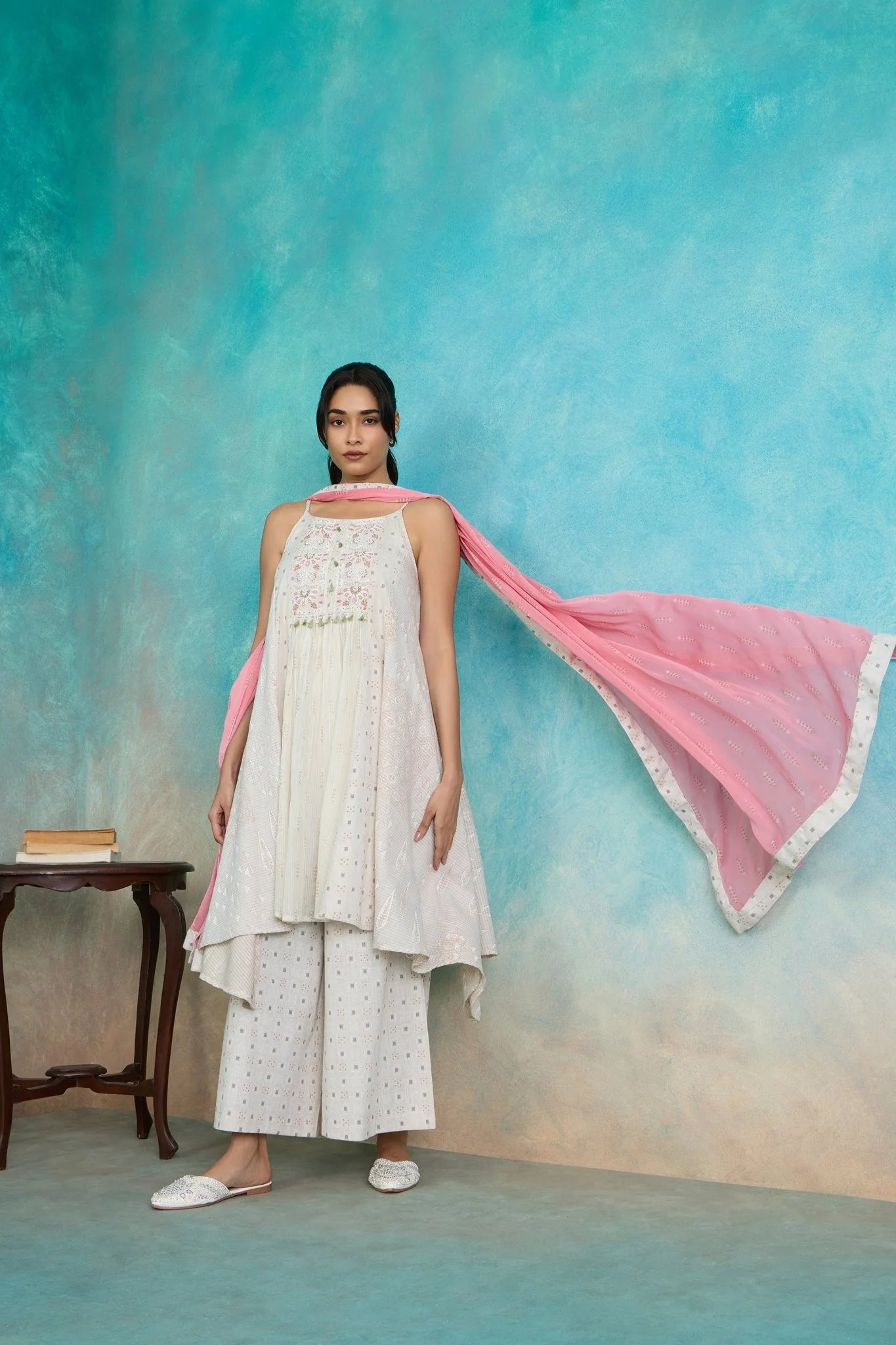 Ivory Embroidered Asymmetrical Kurta Set with Pink Dupatta