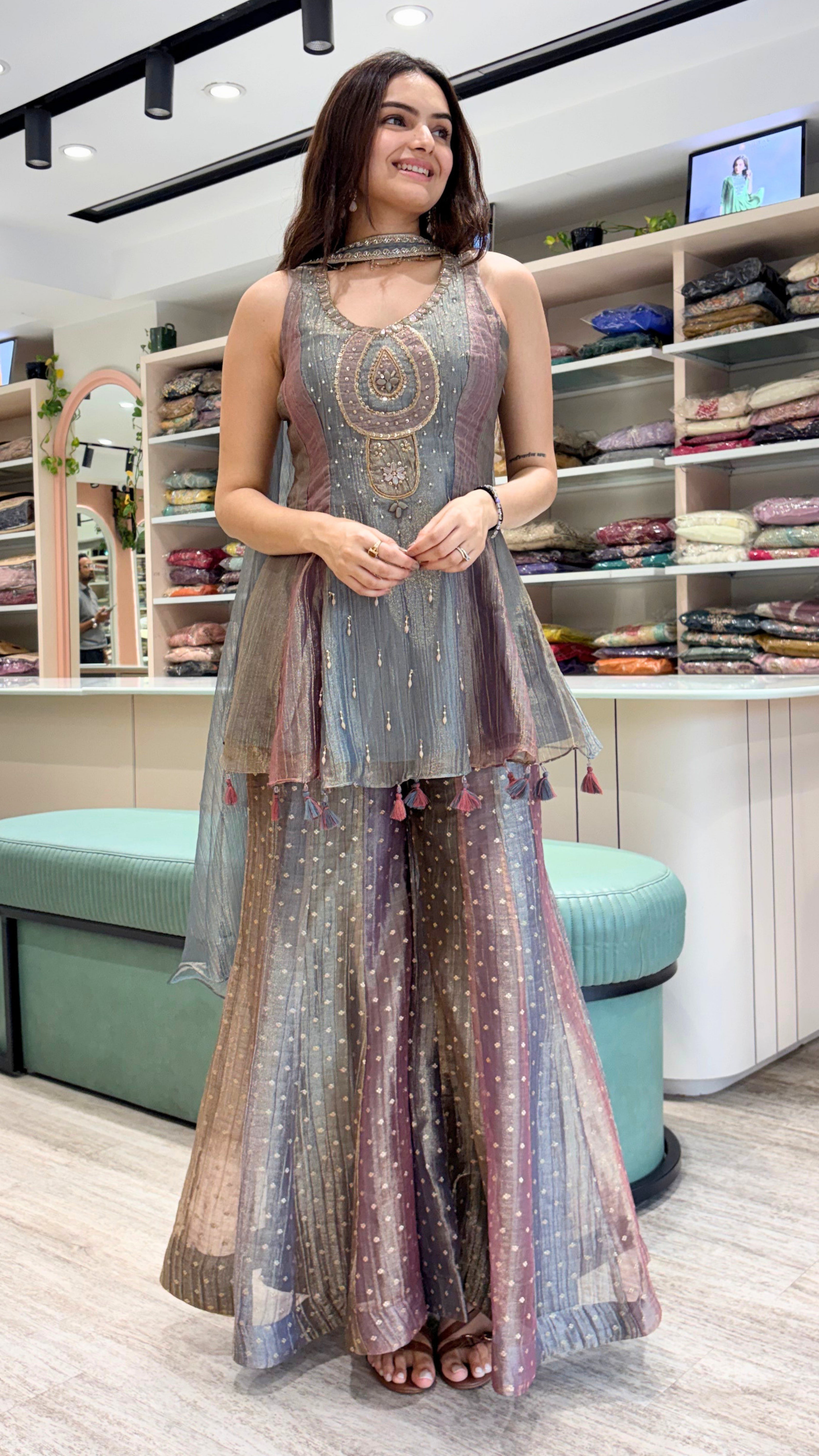 Elegant Grey & Mauve Embellished Sharara Set