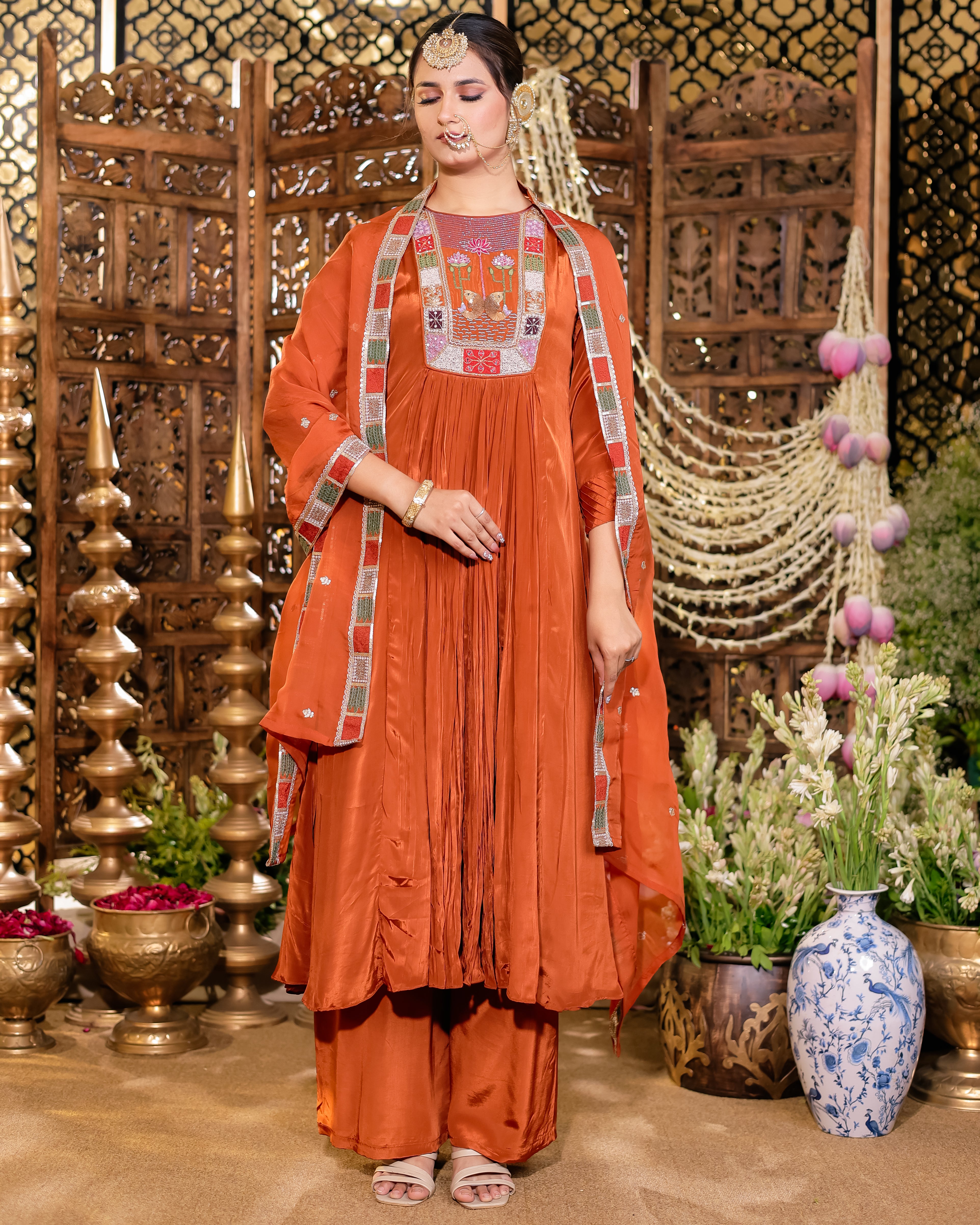 Rust Colour Anarkali Flared Kurta with Palazzo and Dupatta in Viscose Silk