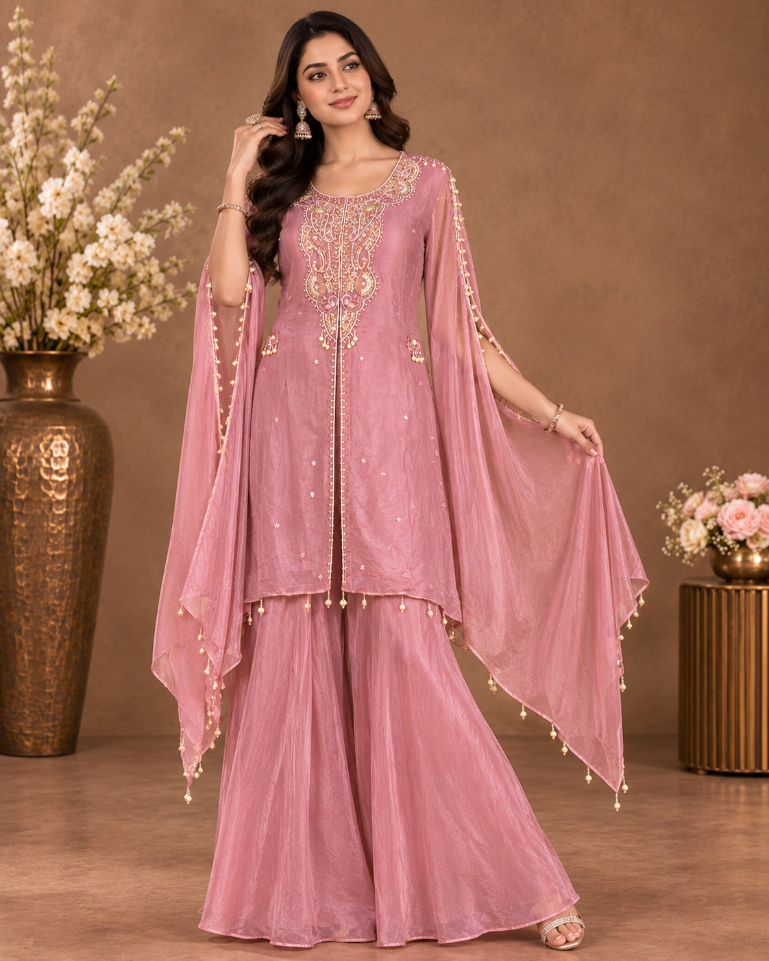 Dusty Pink Embroidered Palazzo Suit Set for Women