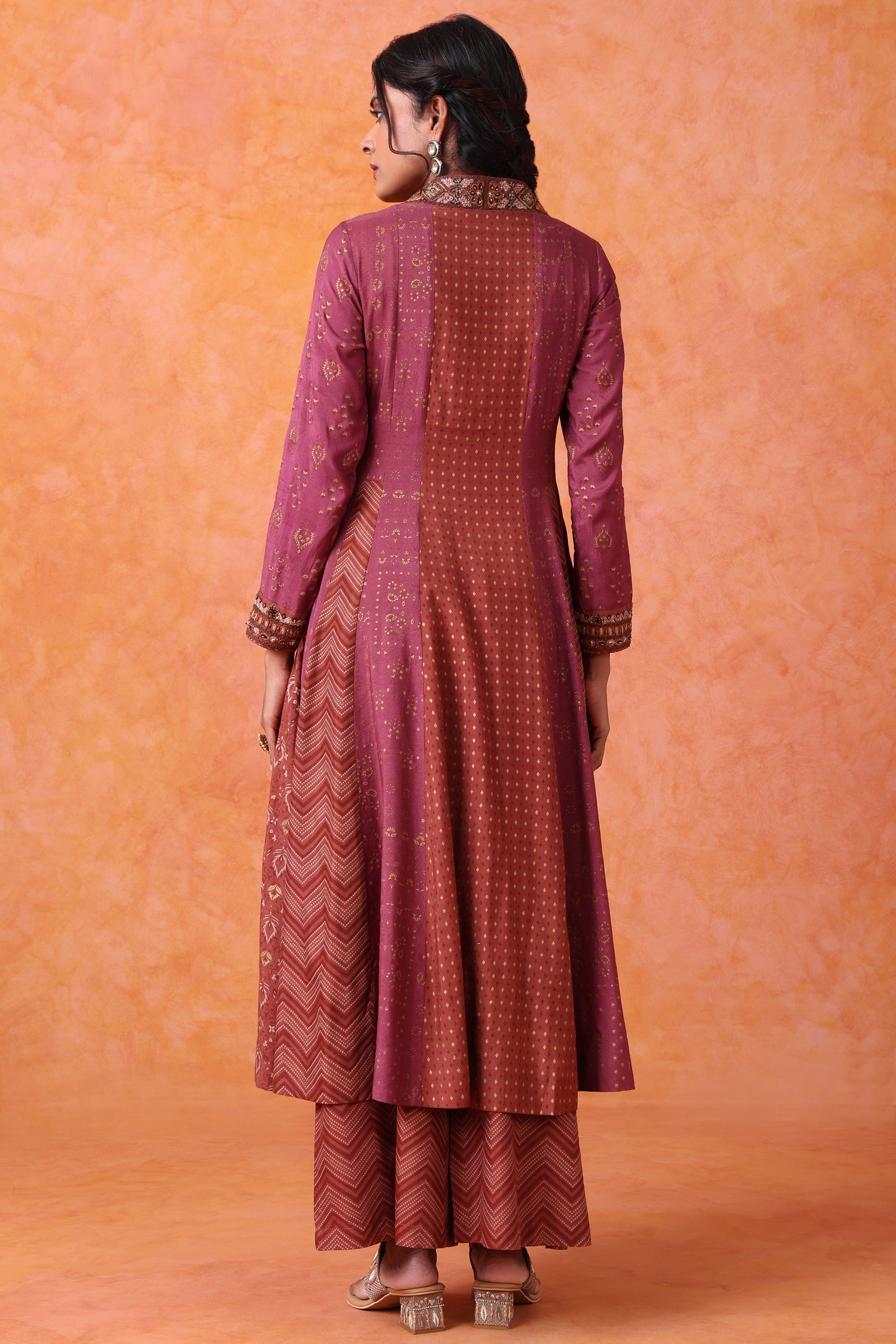 Wine Panelled Kurta Set with Printed Palazzo