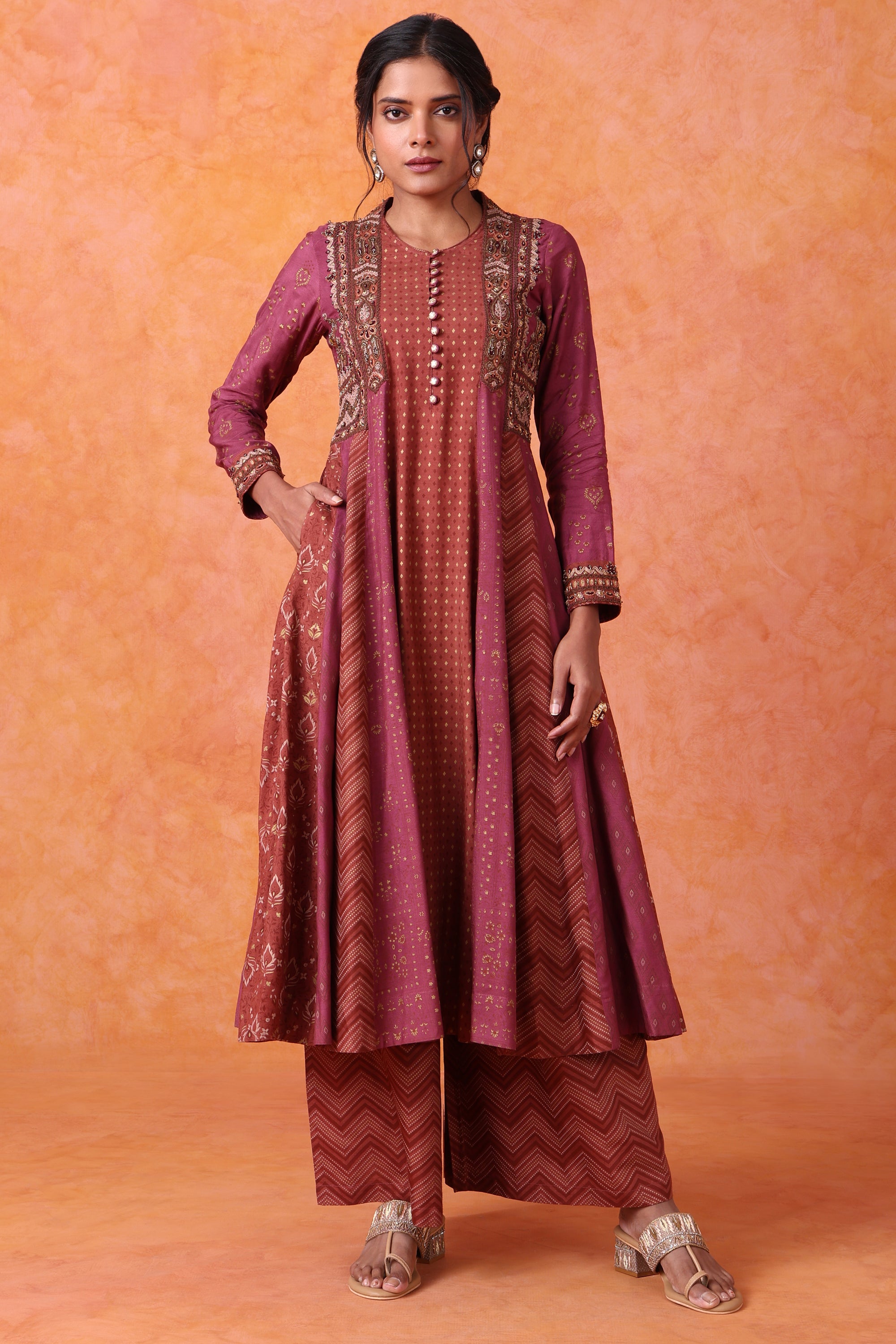 Wine Panelled Kurta Set with Printed Palazzo