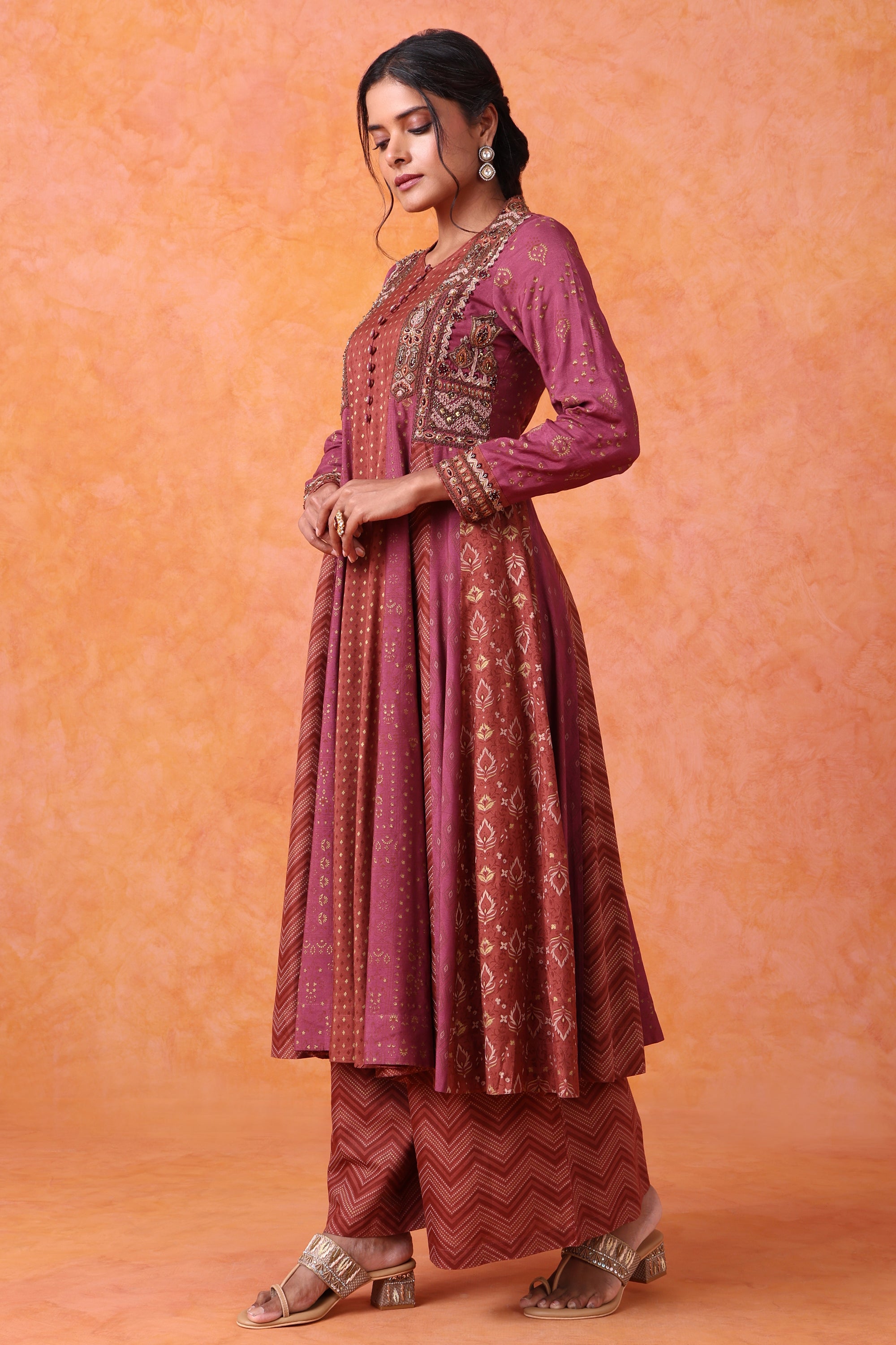 Wine Panelled Kurta Set with Printed Palazzo