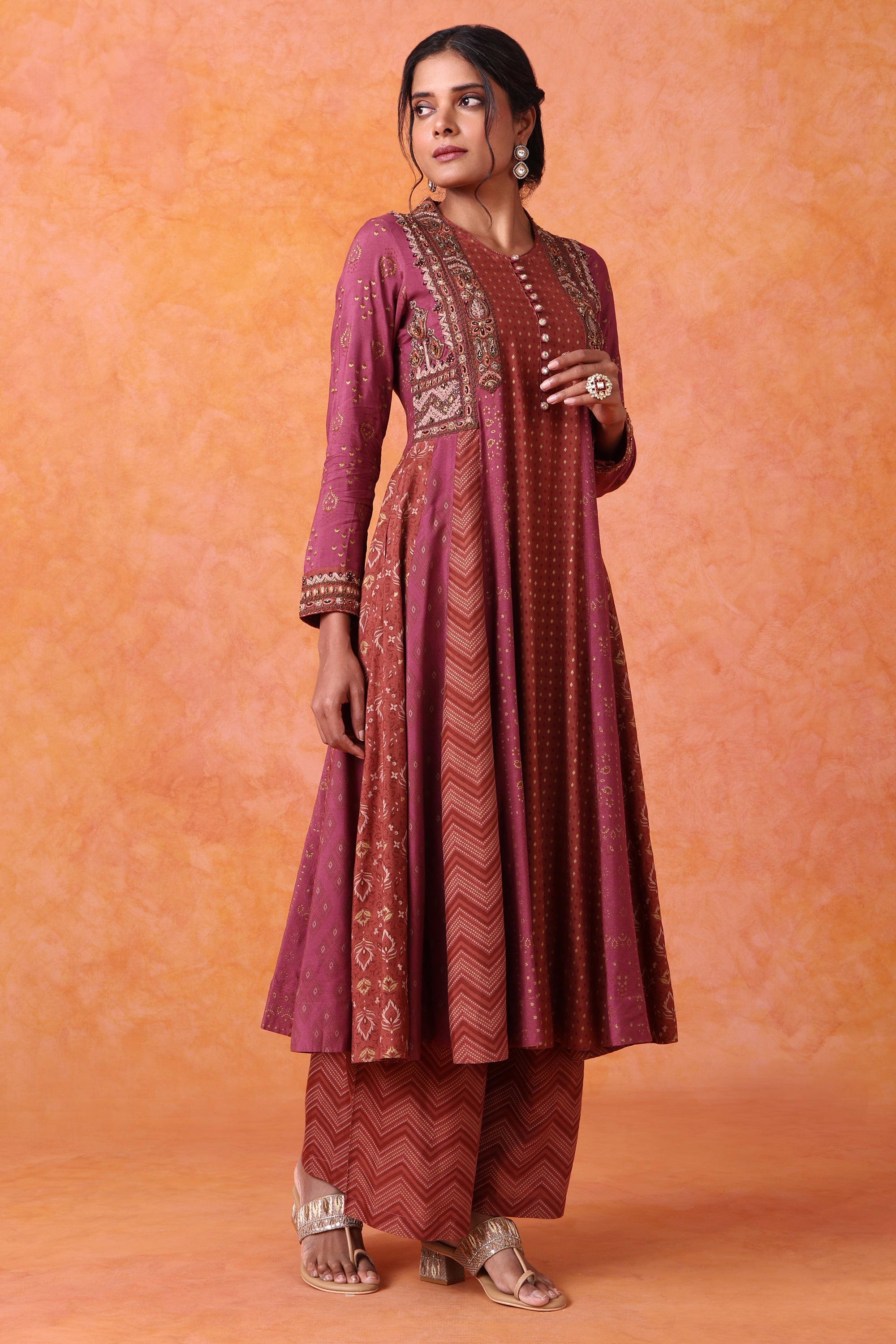 Wine Panelled Kurta Set with Printed Palazzo