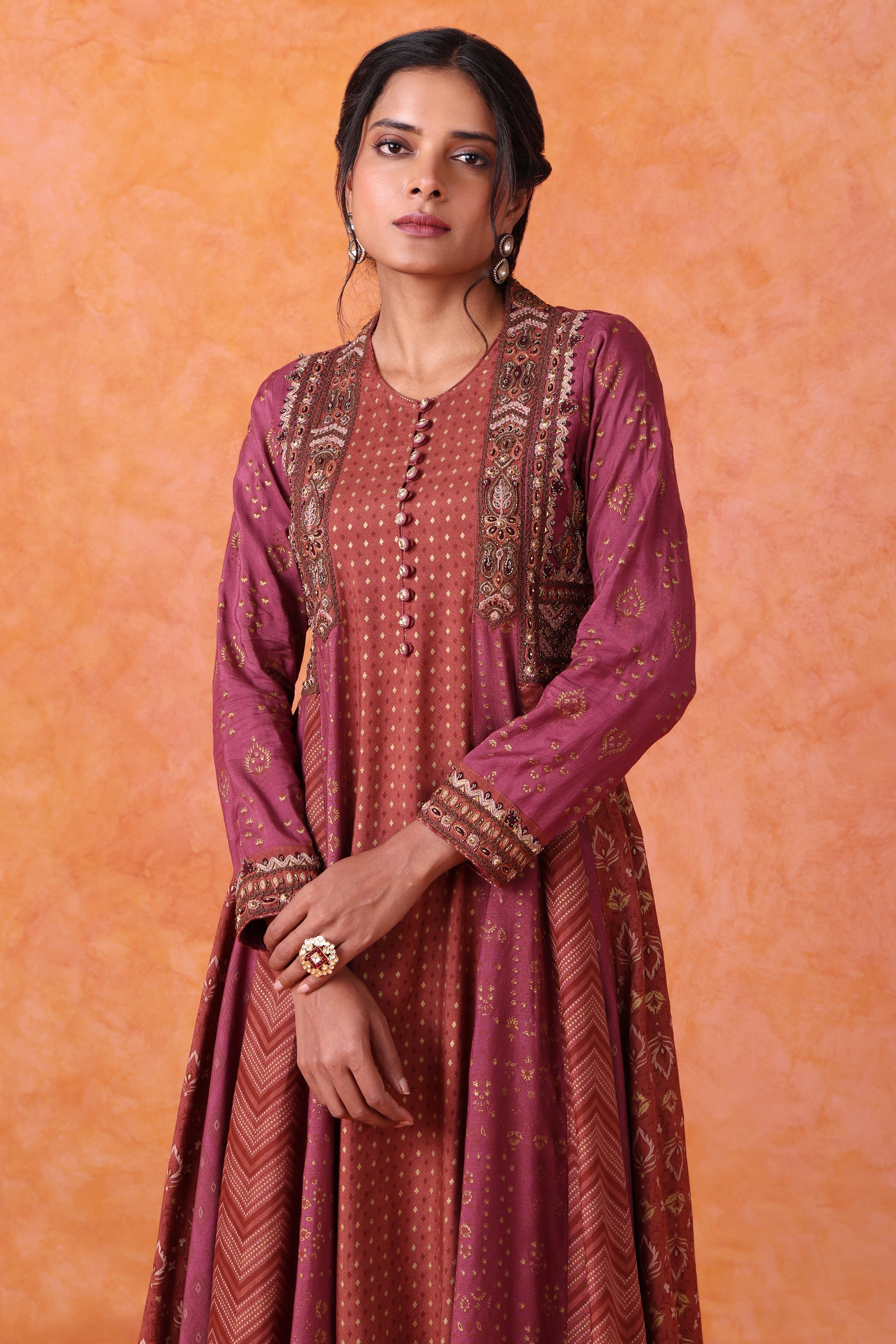Wine Panelled Kurta Set with Printed Palazzo