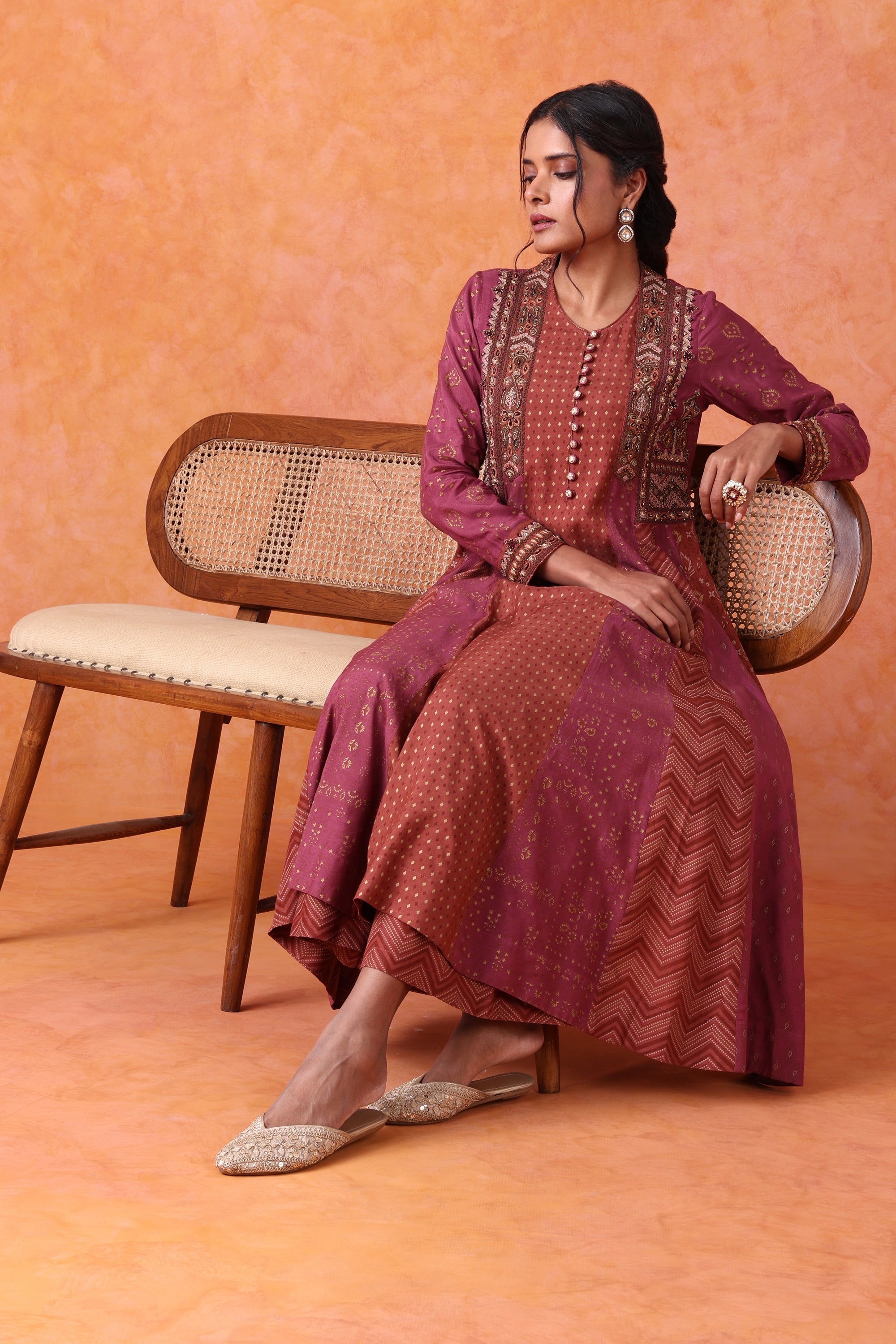 Wine Panelled Kurta Set with Printed Palazzo