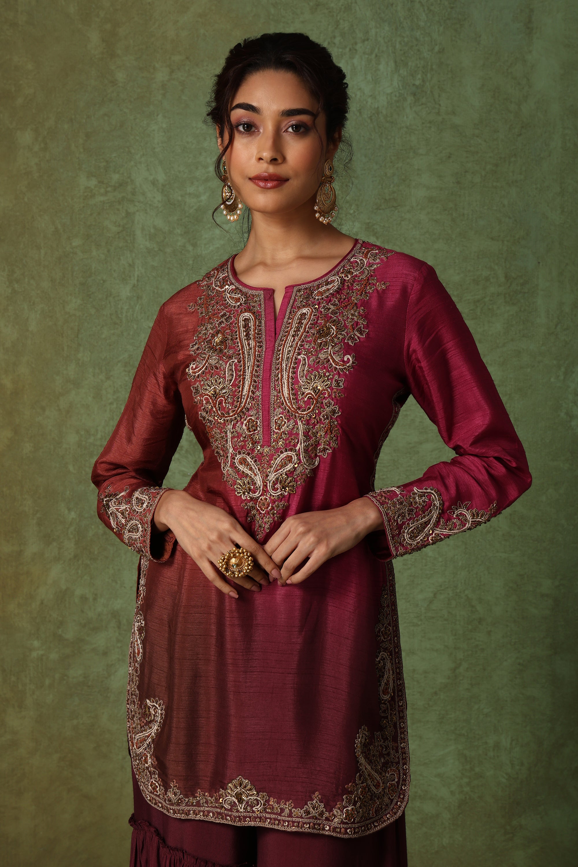 Wine Embroidered Kurta with Tiered Sharara Set