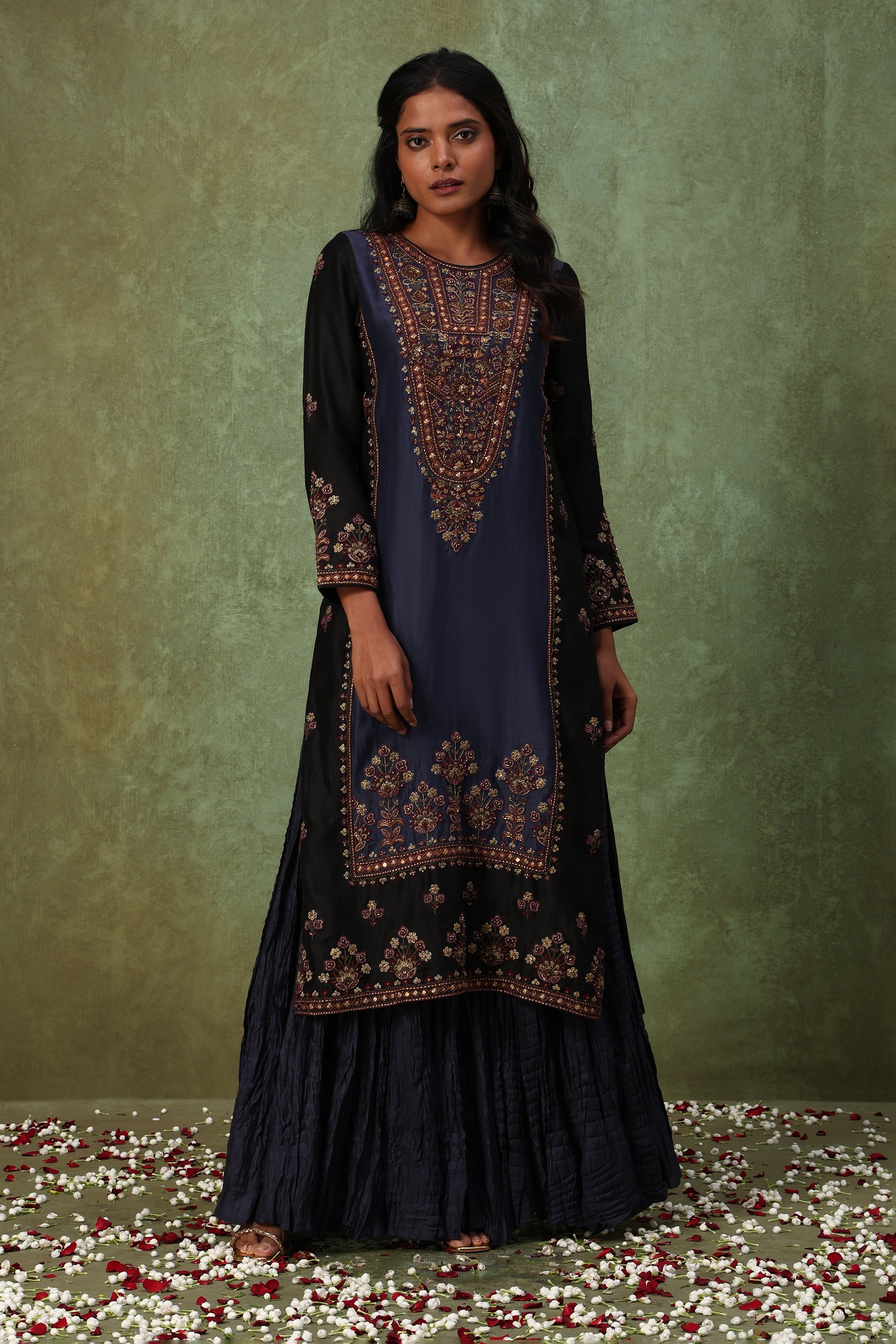 Navy Blue Embroidered Kurta with Sharara Set