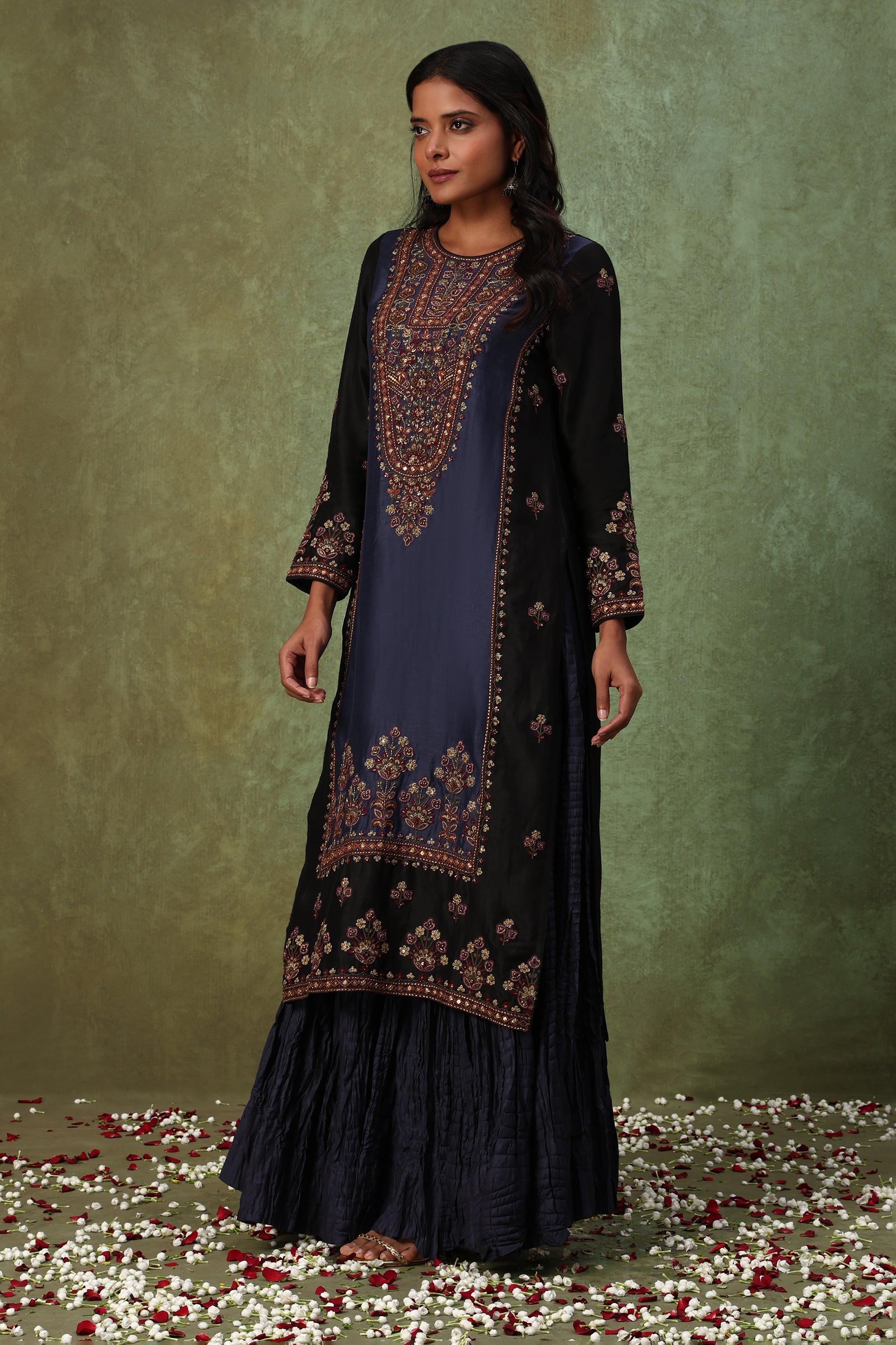 Navy Blue Embroidered Kurta with Sharara Set