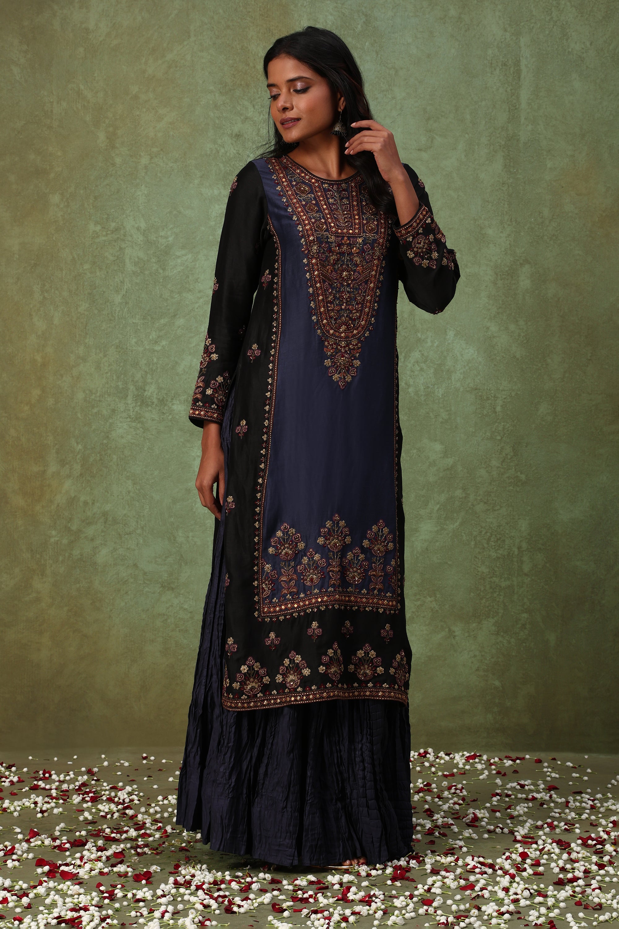 Navy Blue Embroidered Kurta with Sharara Set