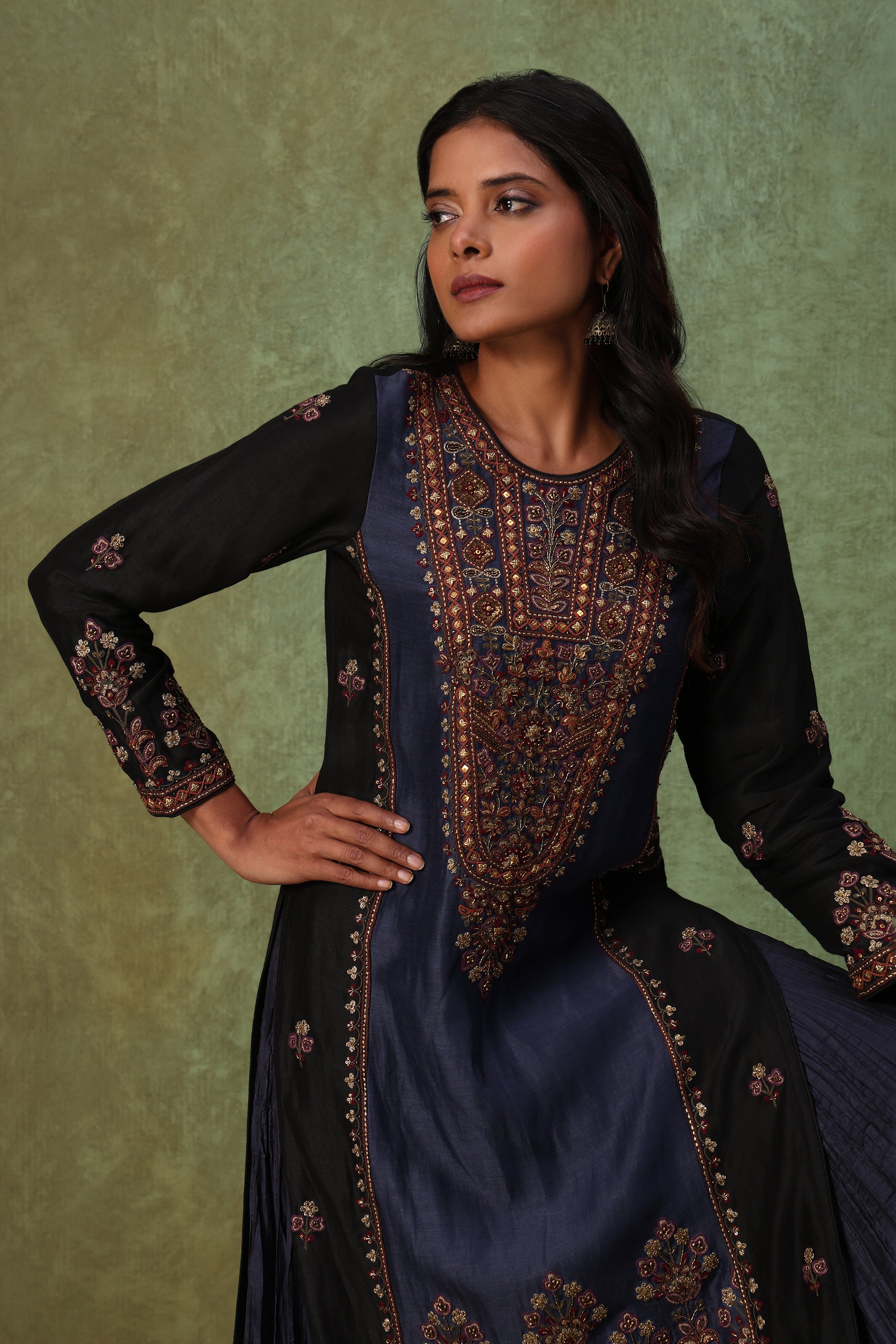 Navy Blue Embroidered Kurta with Sharara Set