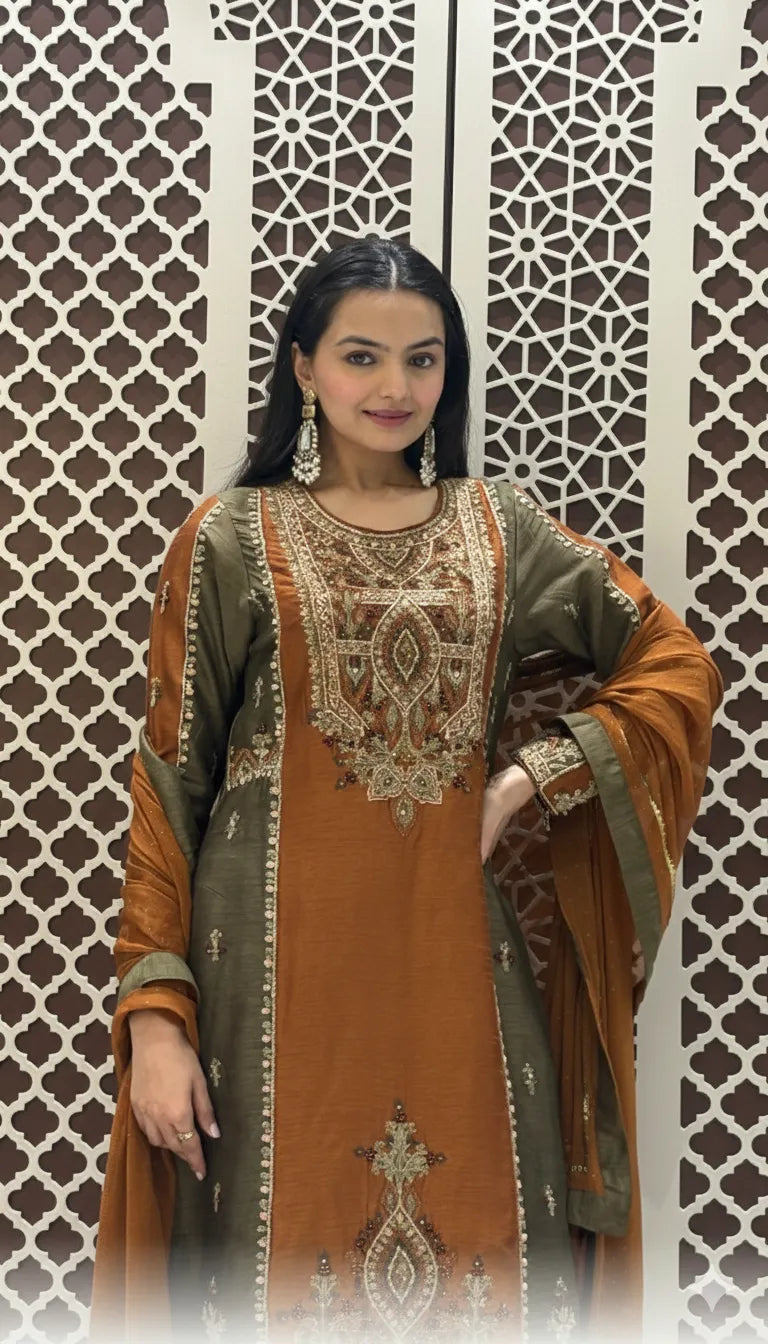 Silk checkered Anarkali with heavy neck embroidery featuring rust and olive green tones with palazzo.
