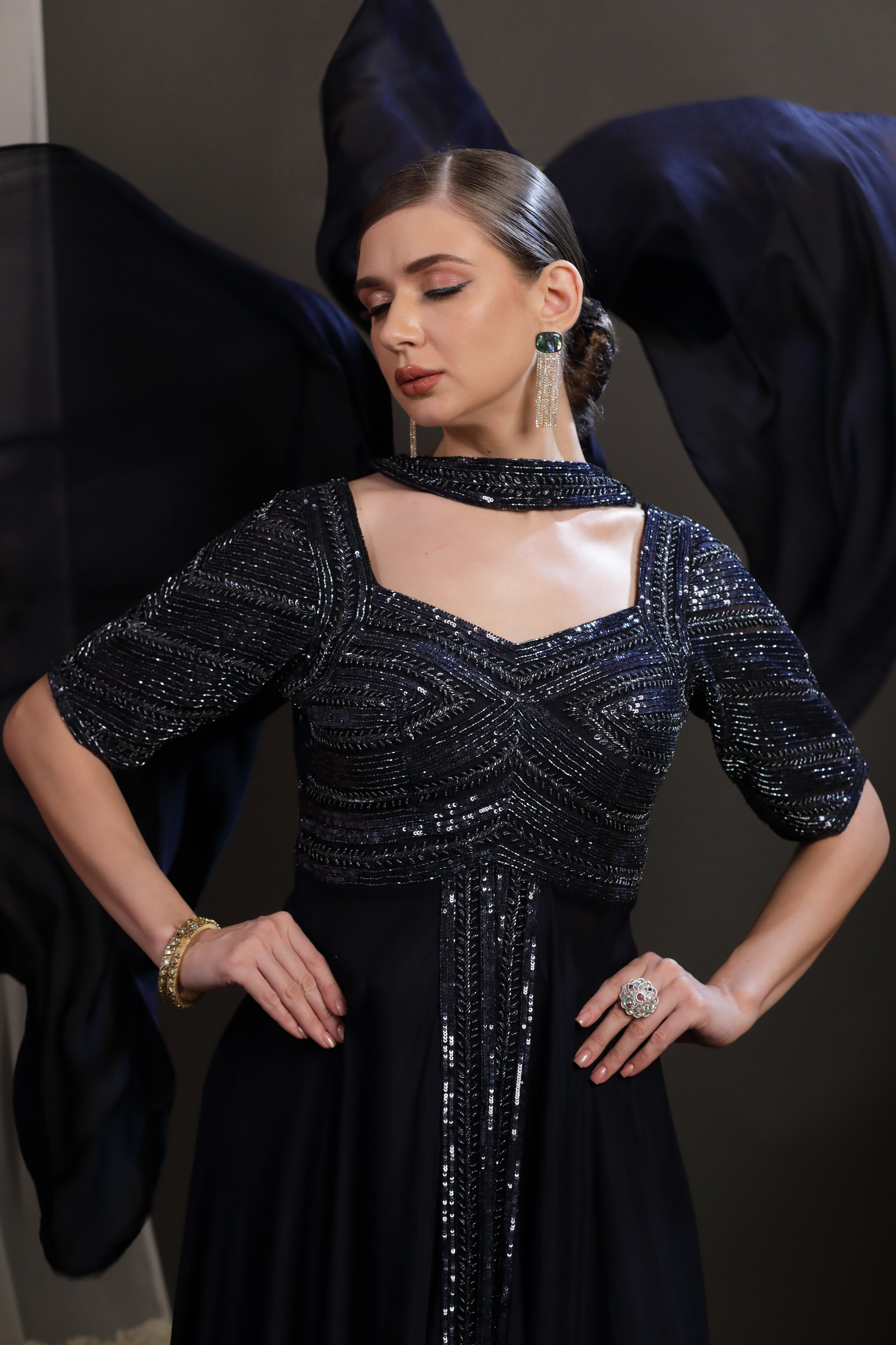 Majestic Deep Blue Chinon Anarkali Sharara Set