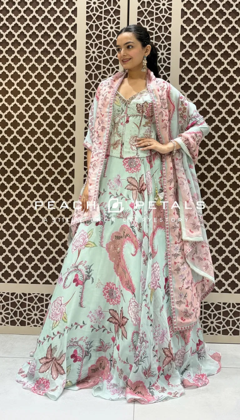 Mint Green Floral Lehenga & Embroidered Corset | Peach Petals
