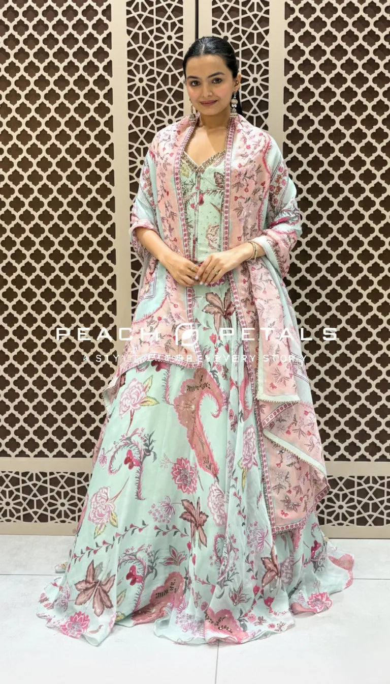 Mint Green Floral Lehenga & Embroidered Corset | Peach Petals