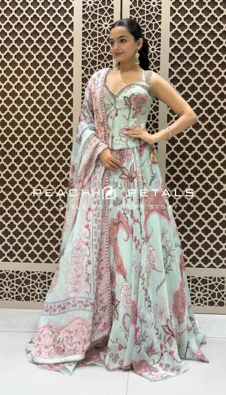 Mint Green Floral Lehenga & Embroidered Corset | Peach Petals