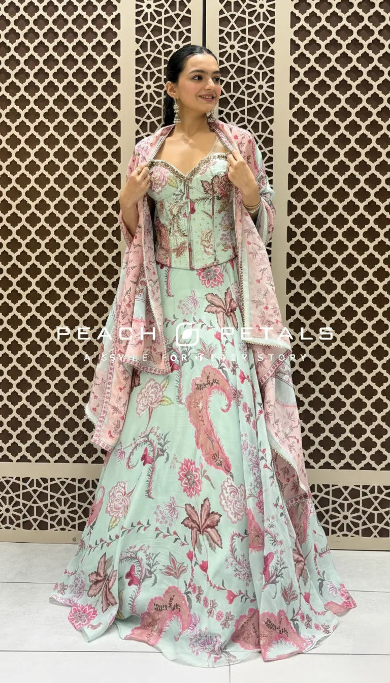 Mint Green Floral Lehenga & Embroidered Corset | Peach Petals