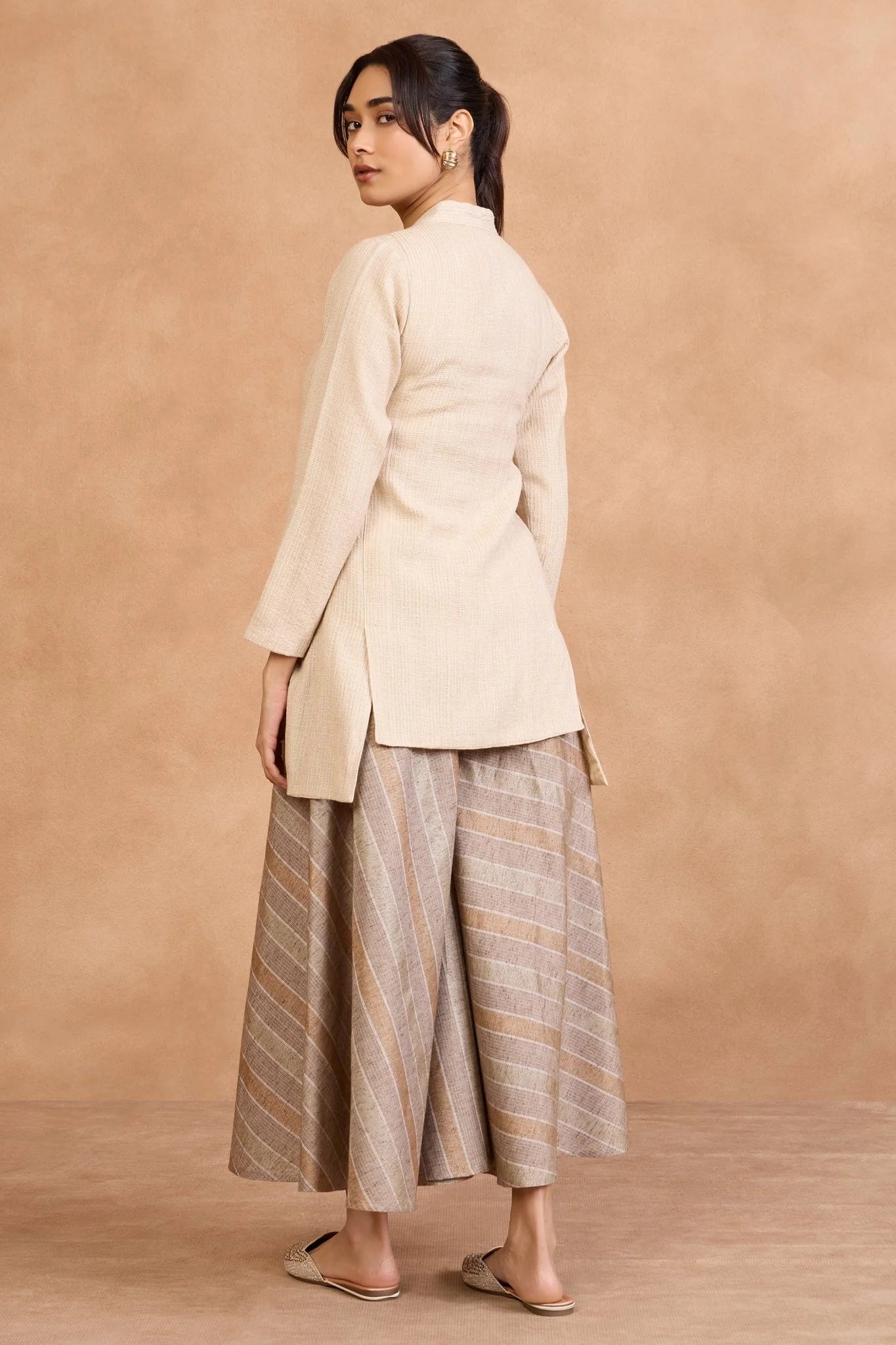 Beige Embroidered Kurta with Flared Palazzo Set