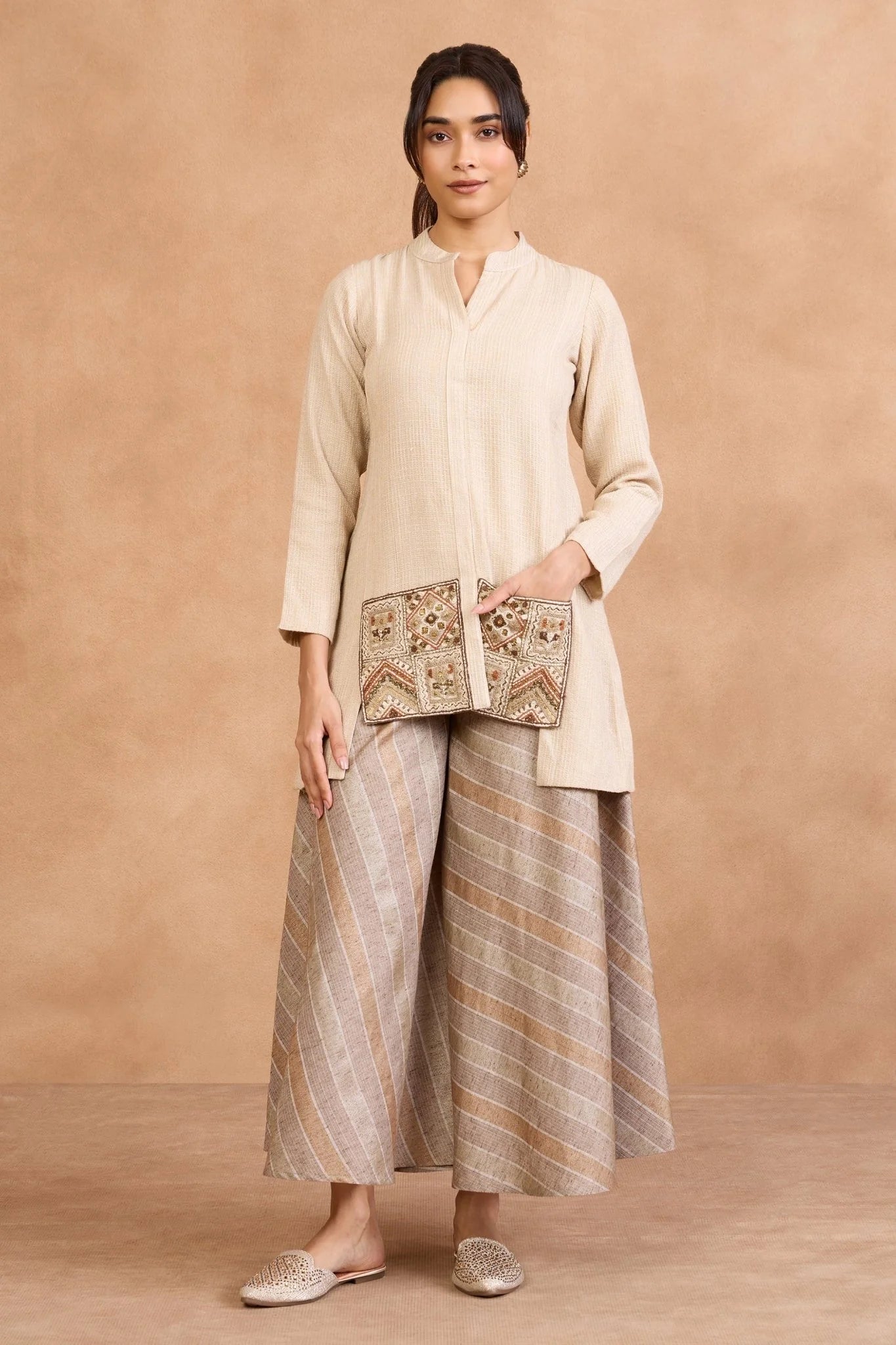 Beige Embroidered Kurta with Flared Palazzo Set