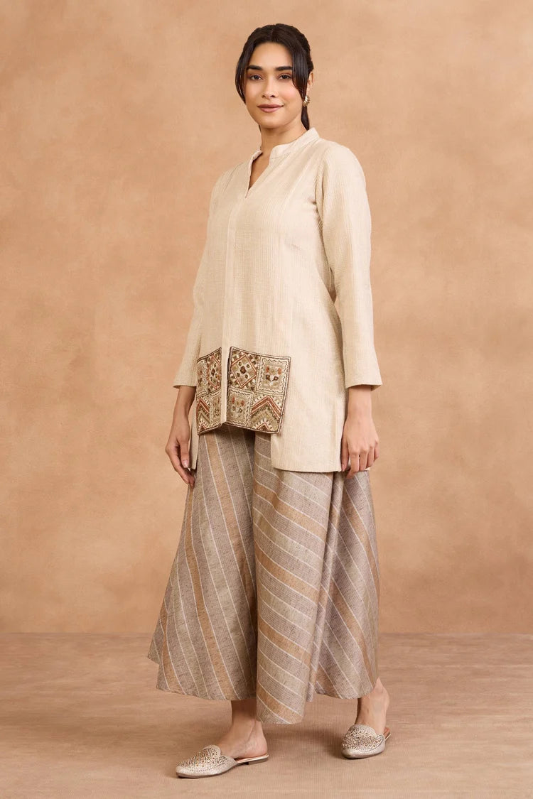 Beige Embroidered Kurta with Flared Palazzo Set