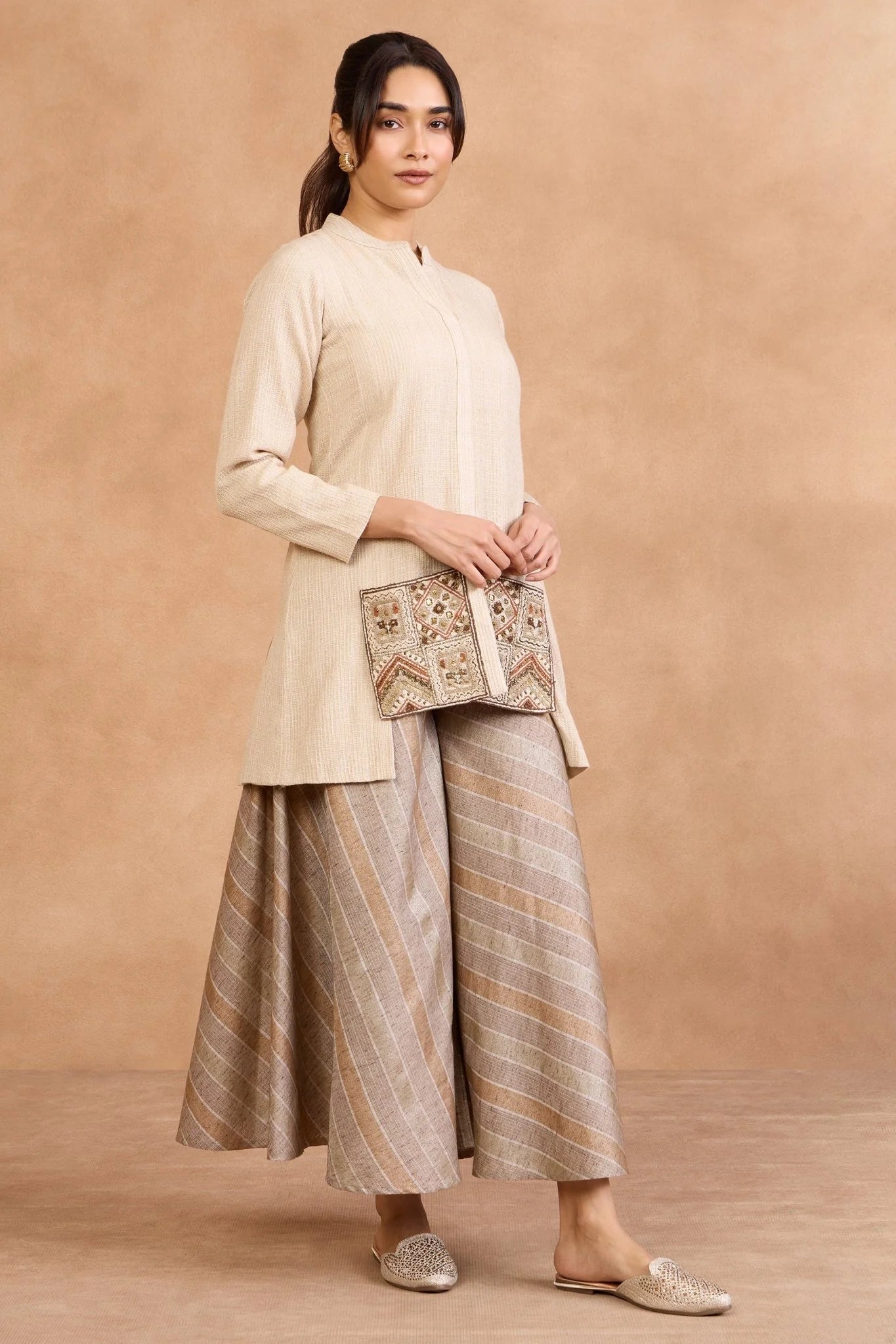 Beige Embroidered Kurta with Flared Palazzo Set