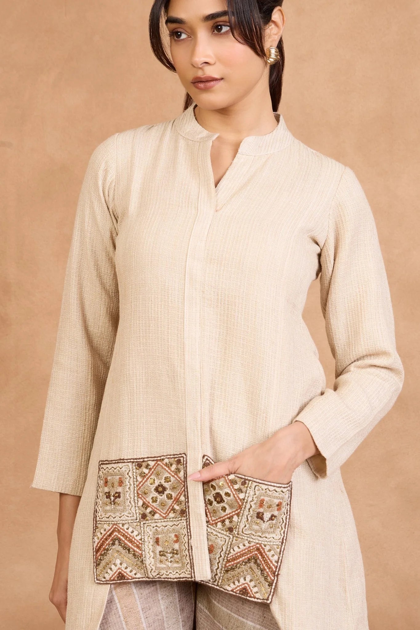 Beige Embroidered Kurta with Flared Palazzo Set