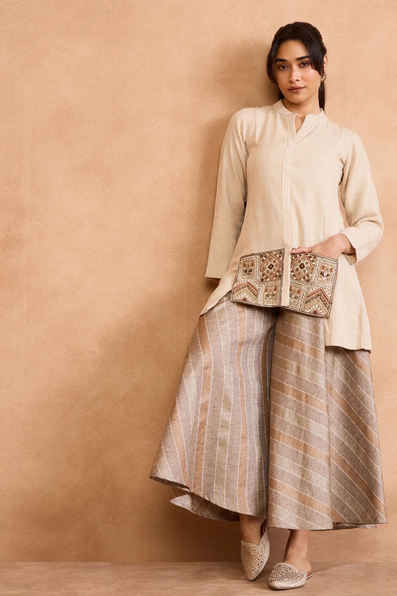 Beige Embroidered Kurta with Flared Palazzo Set
