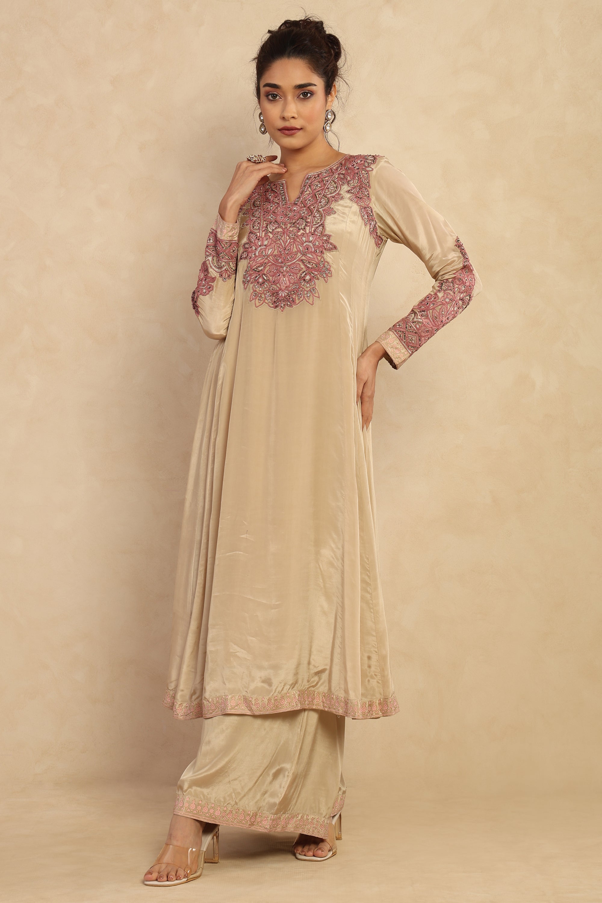 Champagne Embroidered Flared Kurta Set