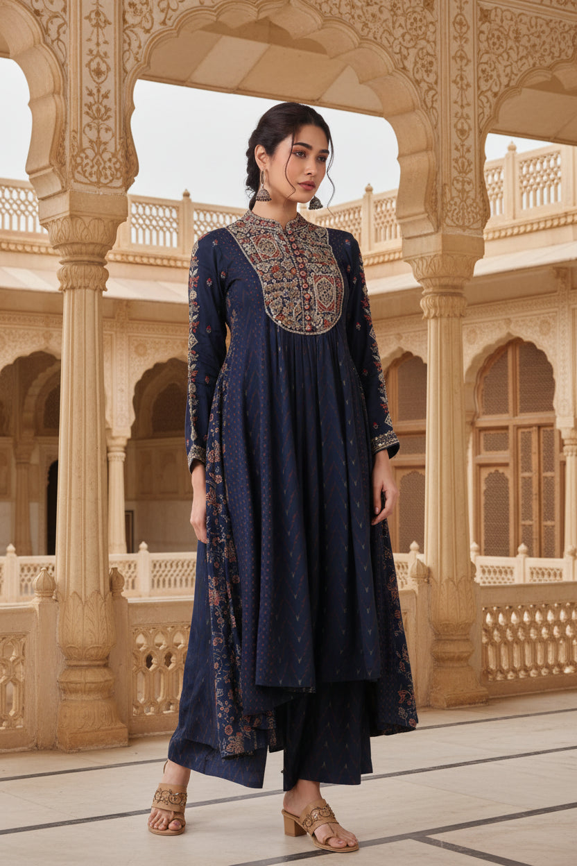 A woman wearing a dark blue embroidered traditional outfit