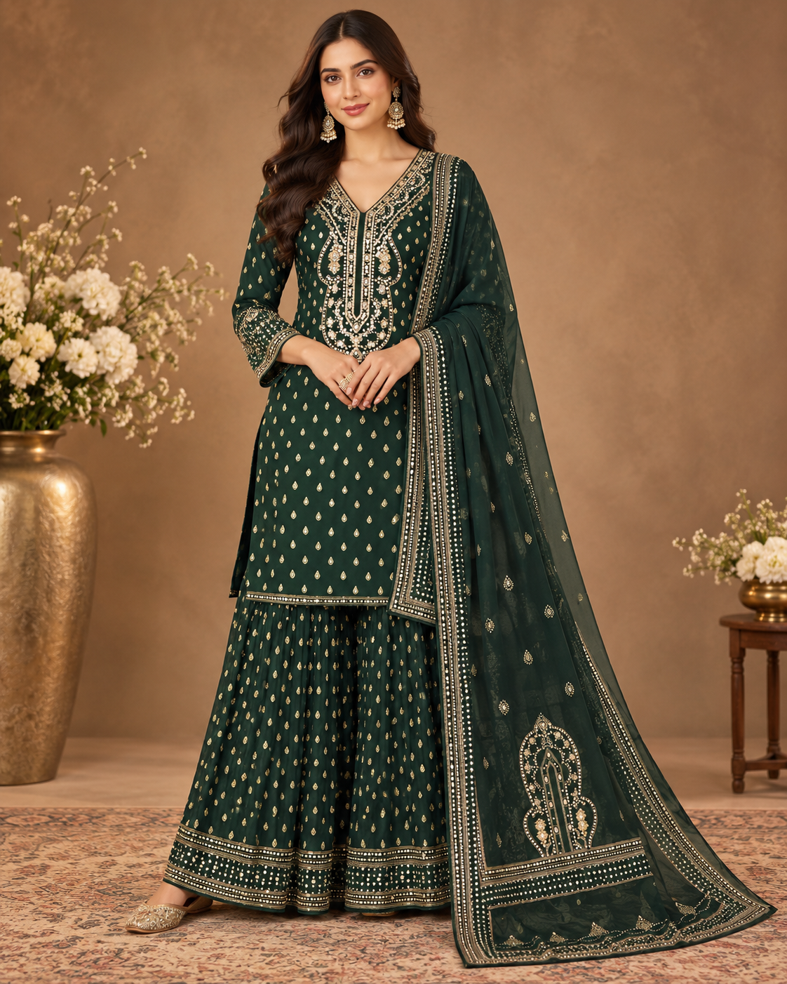 Elegant Embroidered Sharara Suit Set with Dupatta