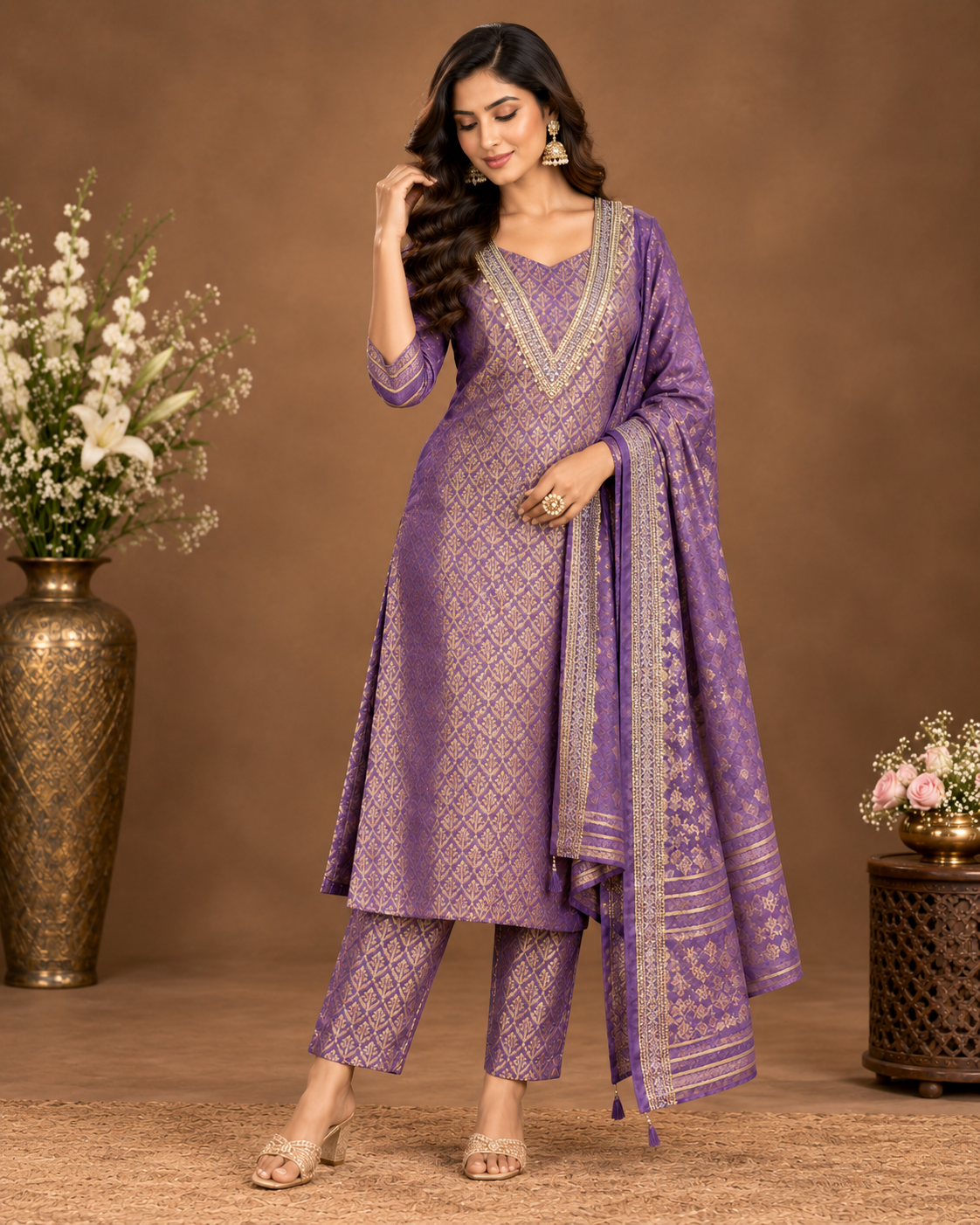 Purple Gold Woven Ethnic Kurta Set