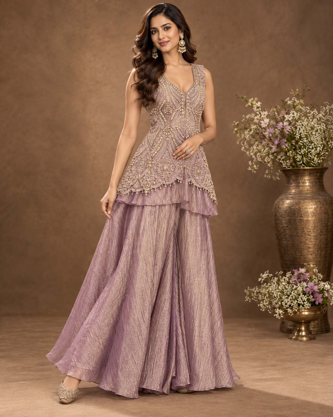 Mauve Gold Embellished Layered Sharara Set