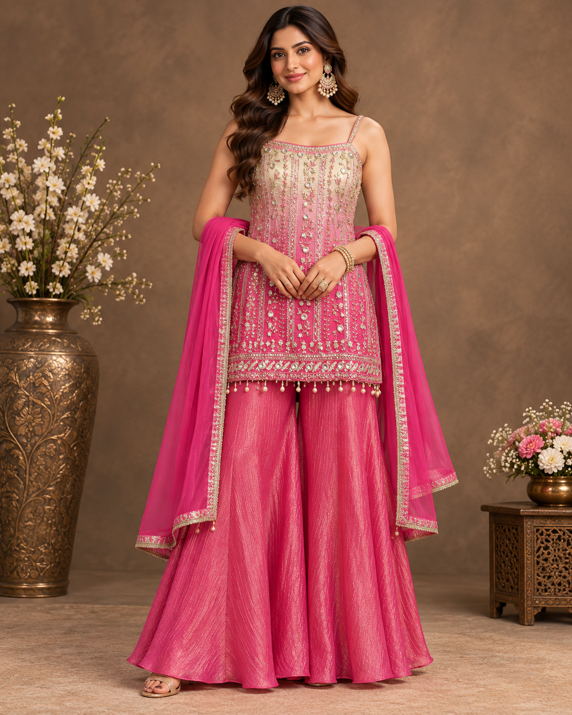 Pink Embroidered Sharara Suit Set