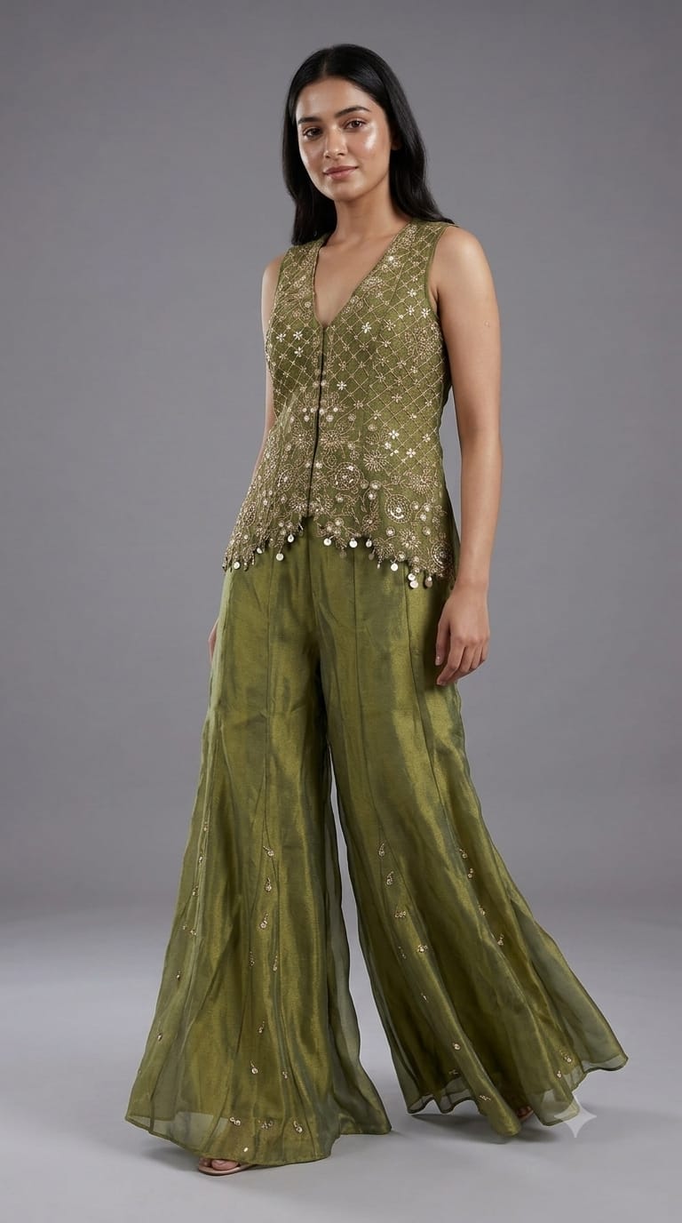 Heavily Embroidered Sleeveless Short Kurti & Sharara Set