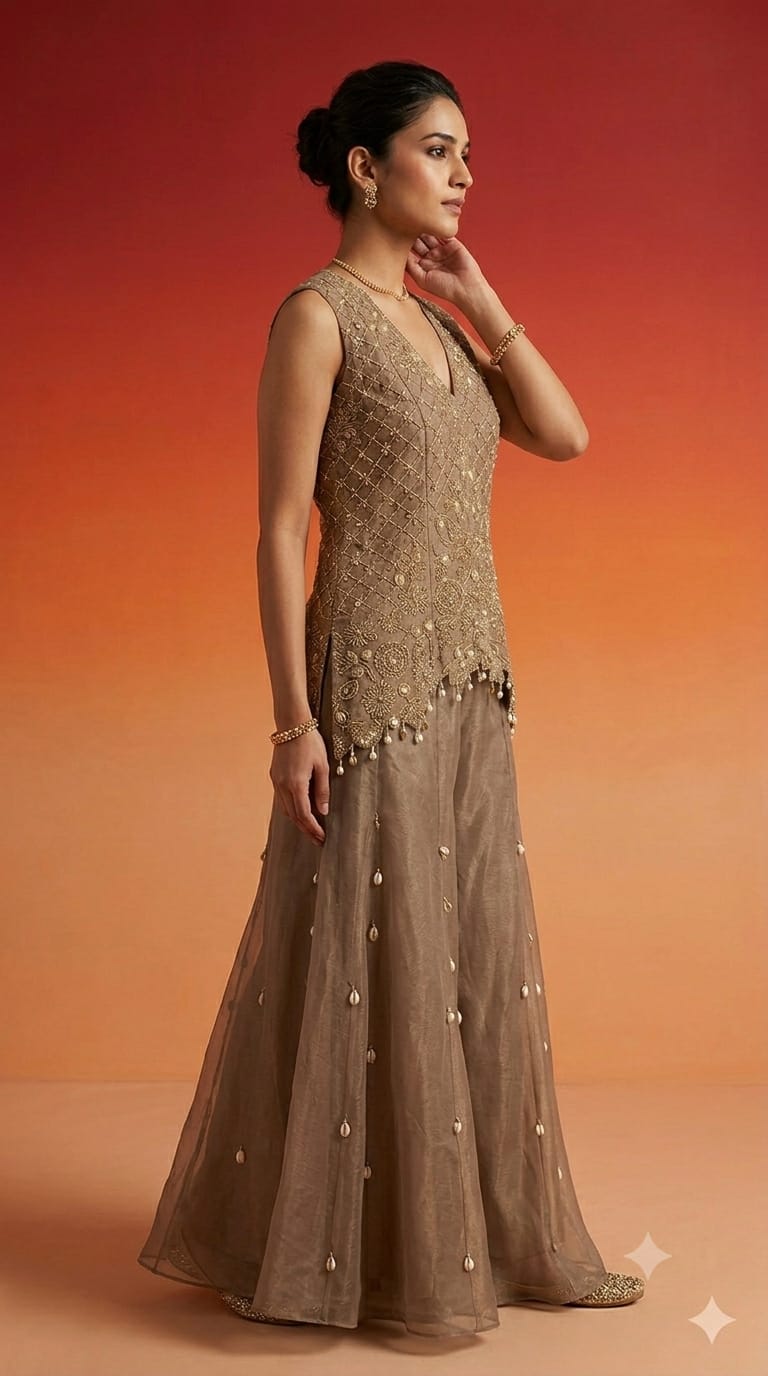 Heavily Embroidered Sleeveless Short Kurti & Sharara Set