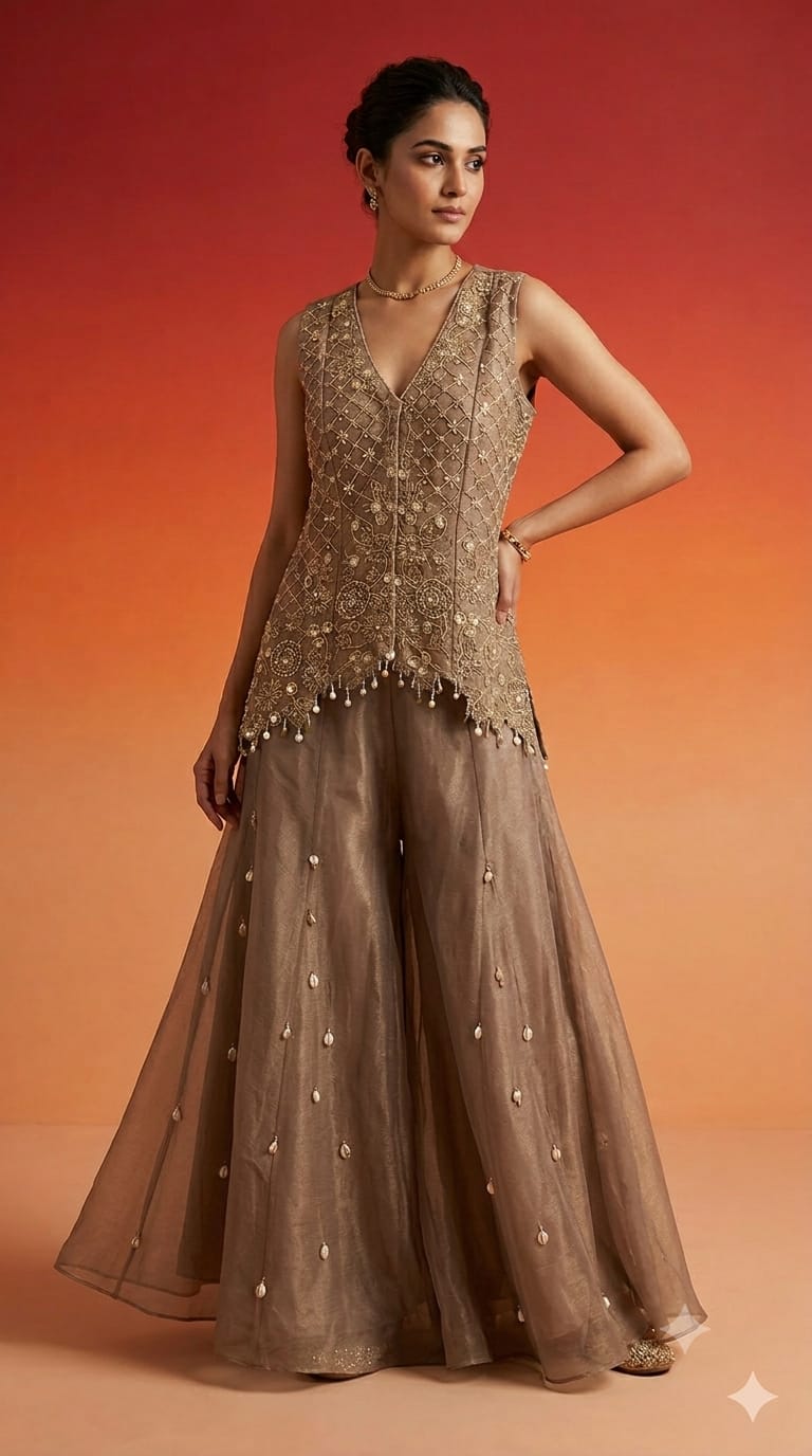 Heavily Embroidered Sleeveless Short Kurti & Sharara Set