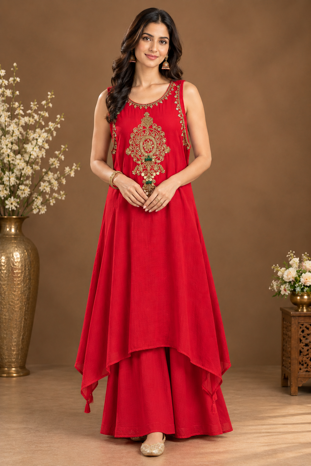 Red Embroidered Indo-Western Kurta Set